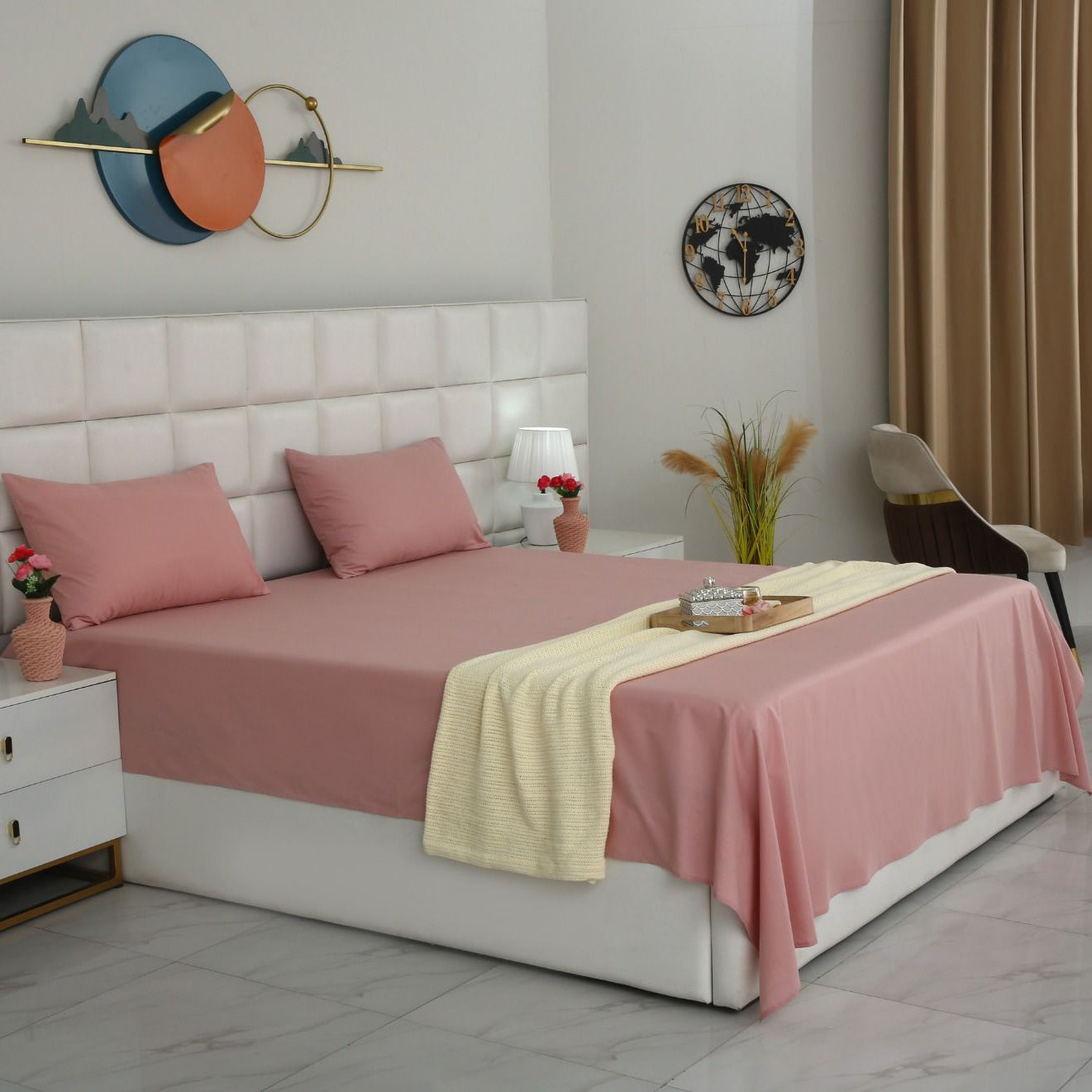3 PCs Double Bed Sheet- Rose Bed Sheets Apricot
