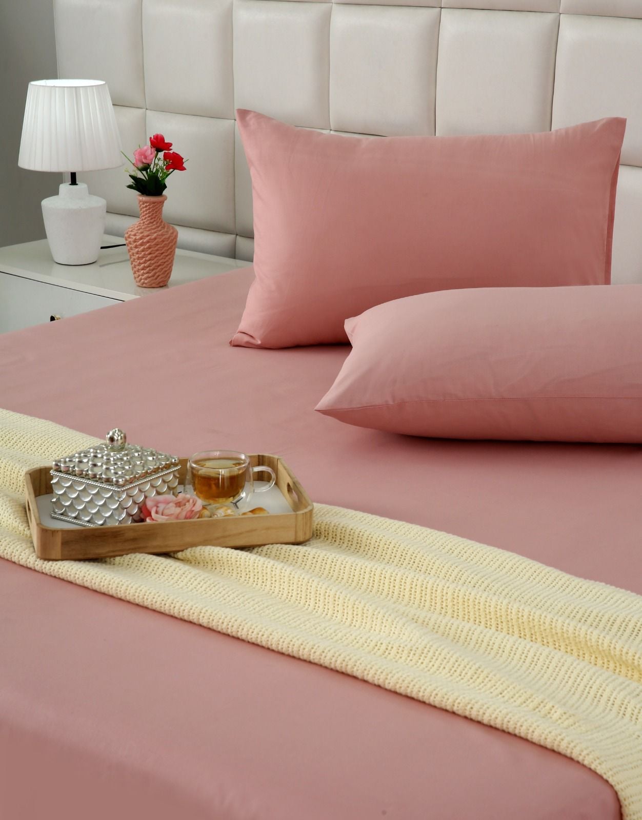 3 PCs Double Bed Sheet- Rose Bed Sheets Apricot