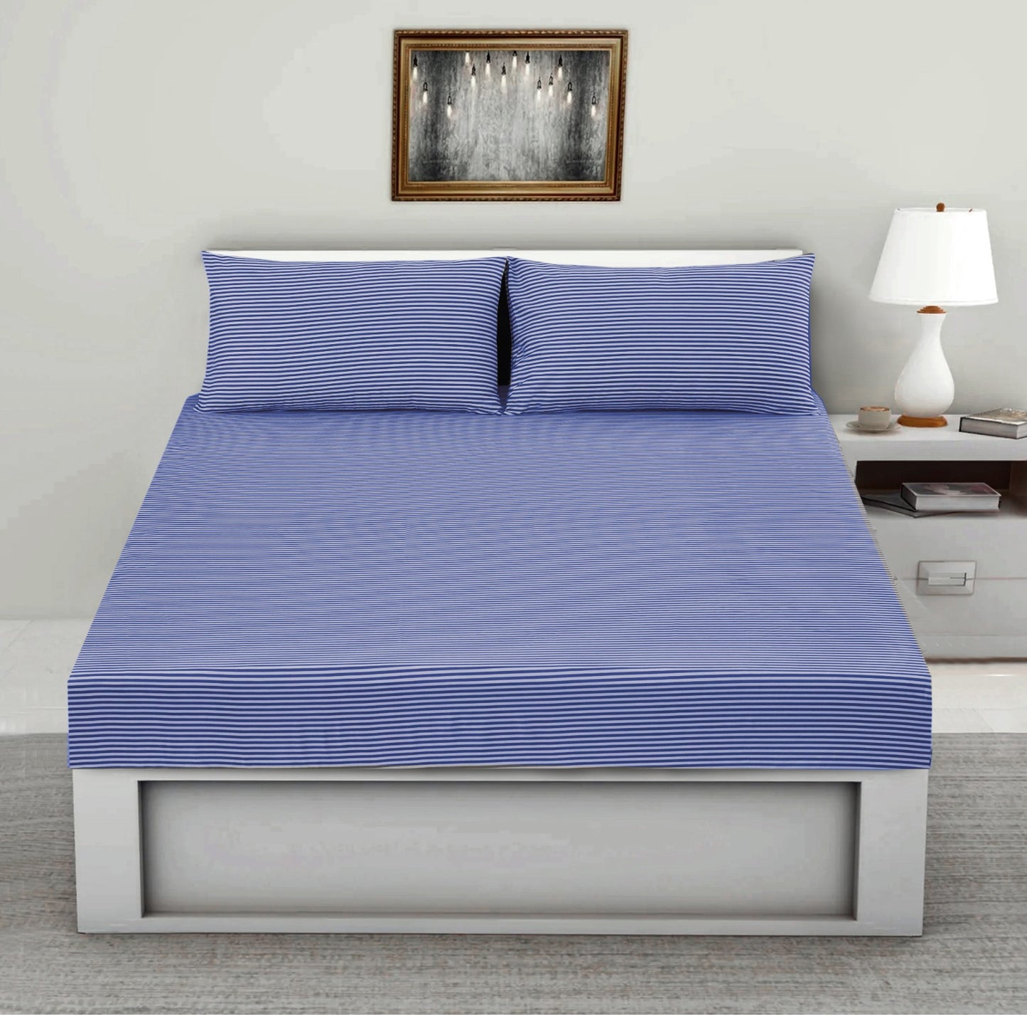 Fitted Bed Sheet- Blue Stripes Fitted Sheets Apricot