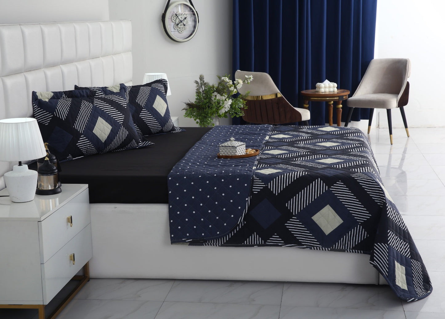 3 PCs Quilted Bed Spread Set- Black Art Bed Spread Apricot