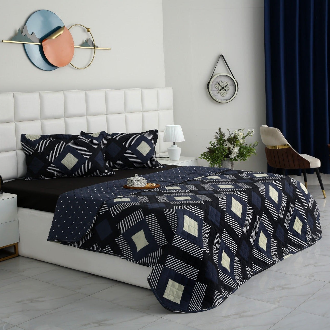 3 PCs Quilted Bed Spread Set- Black Art Bed Spread Apricot