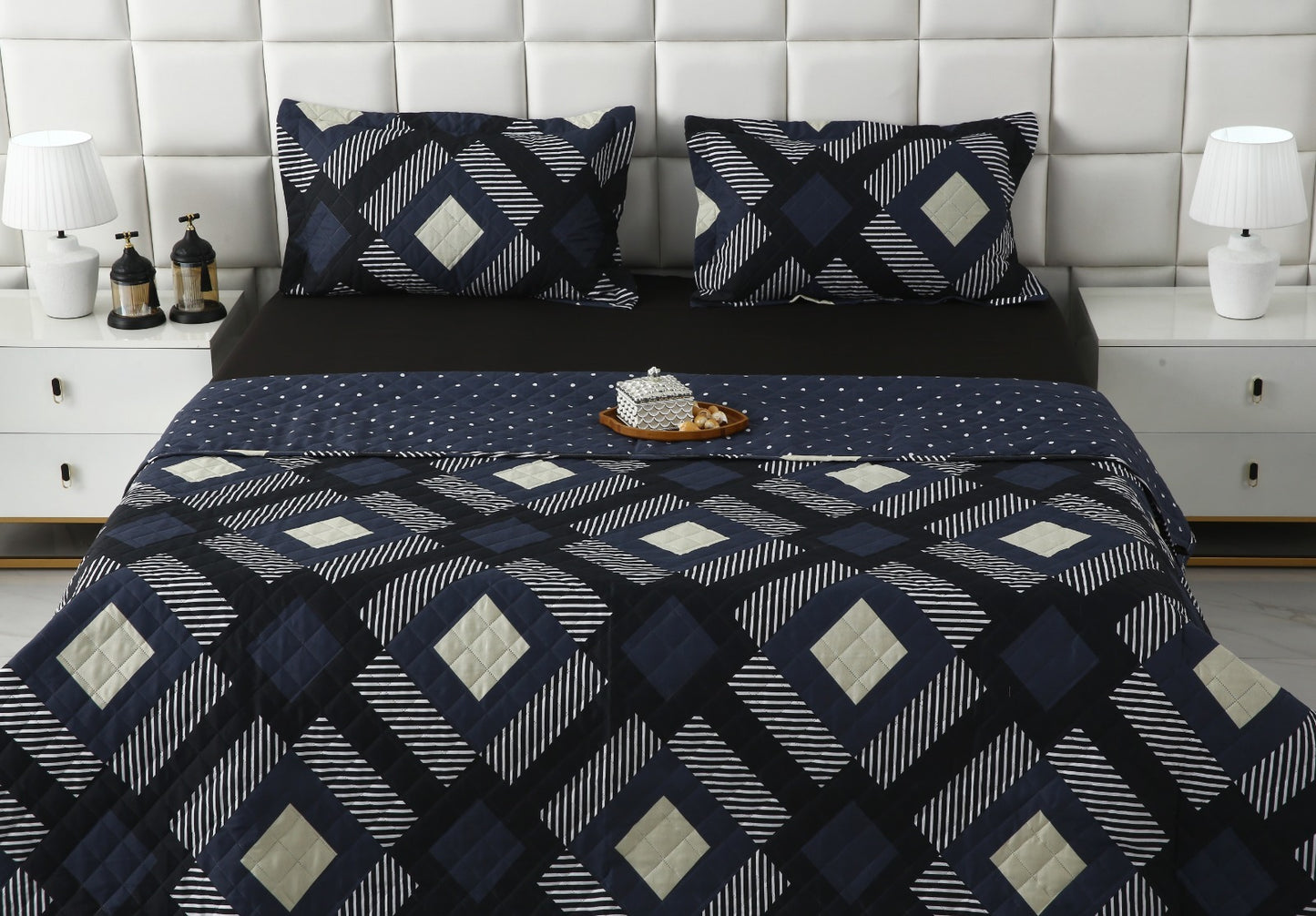 3 PCs Quilted Bed Spread Set- Black Art Bed Spread Apricot