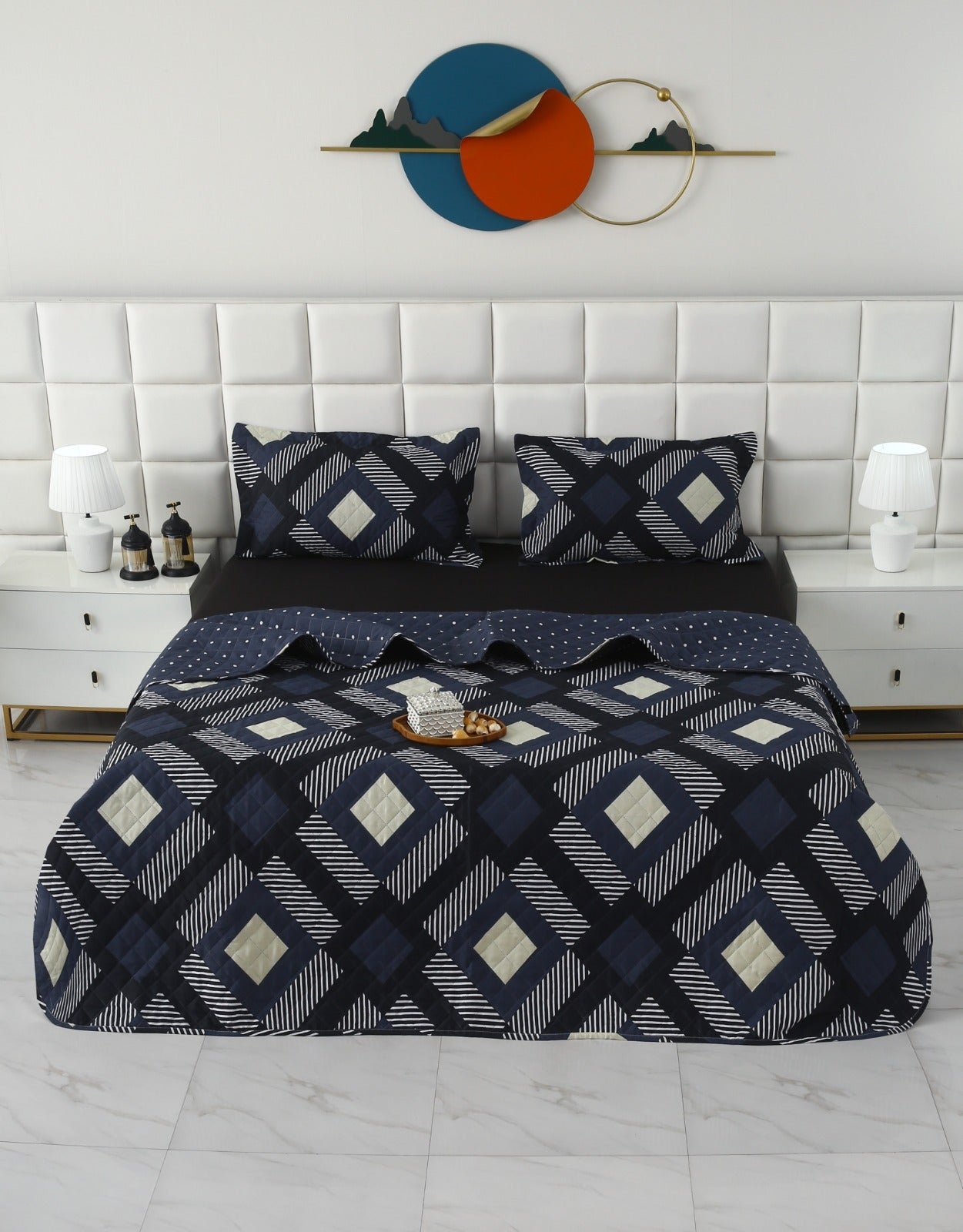 3 PCs Quilted Bed Spread Set- Black Art Bed Spread Apricot