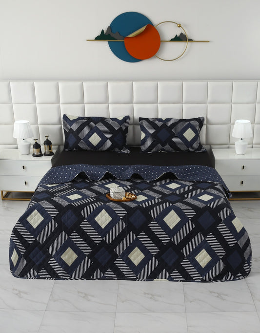 3 PCs Quilted Bed Spread Set- Black Art Bed Spread Apricot