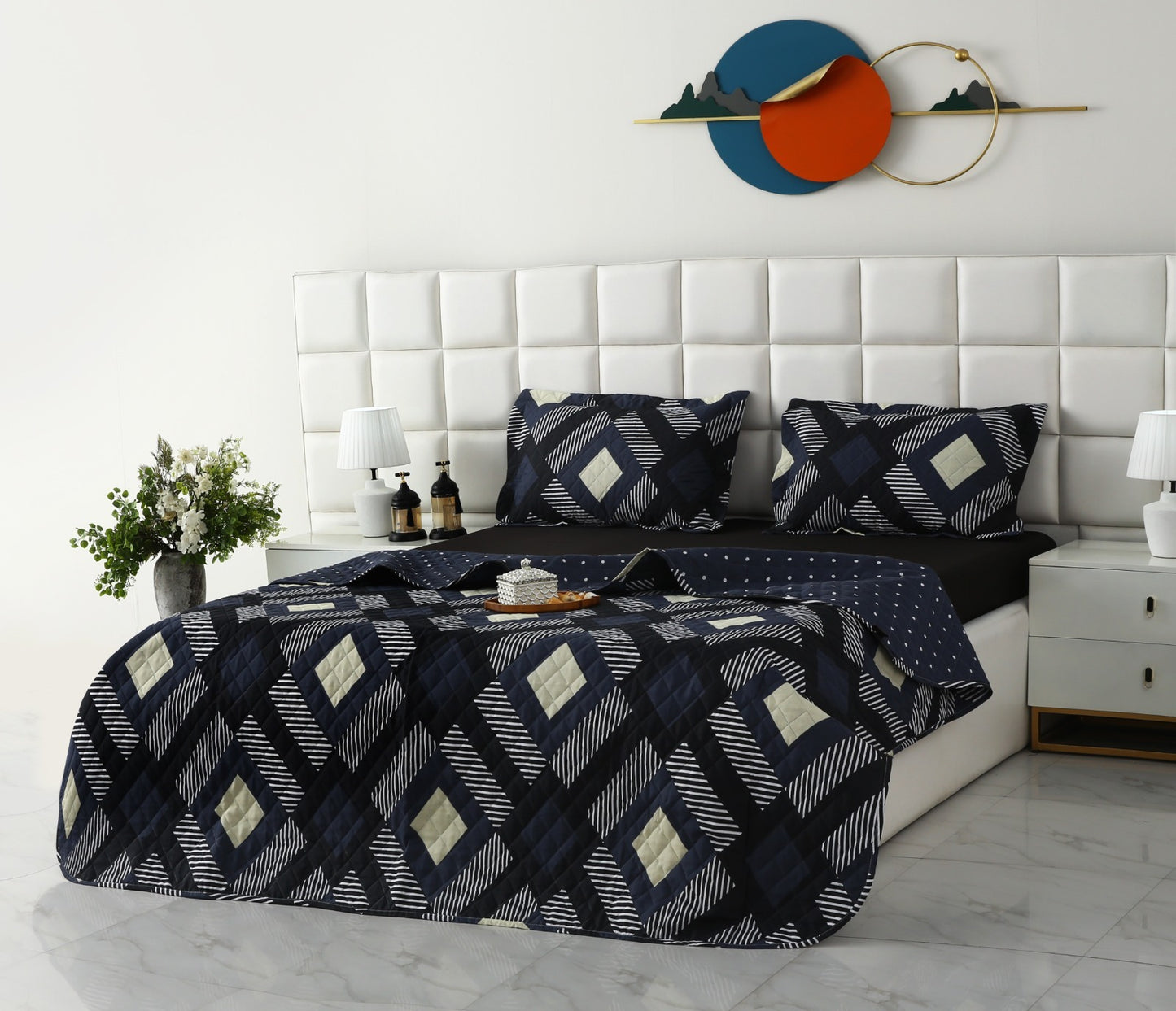 3 PCs Quilted Bed Spread Set- Black Art Bed Spread Apricot