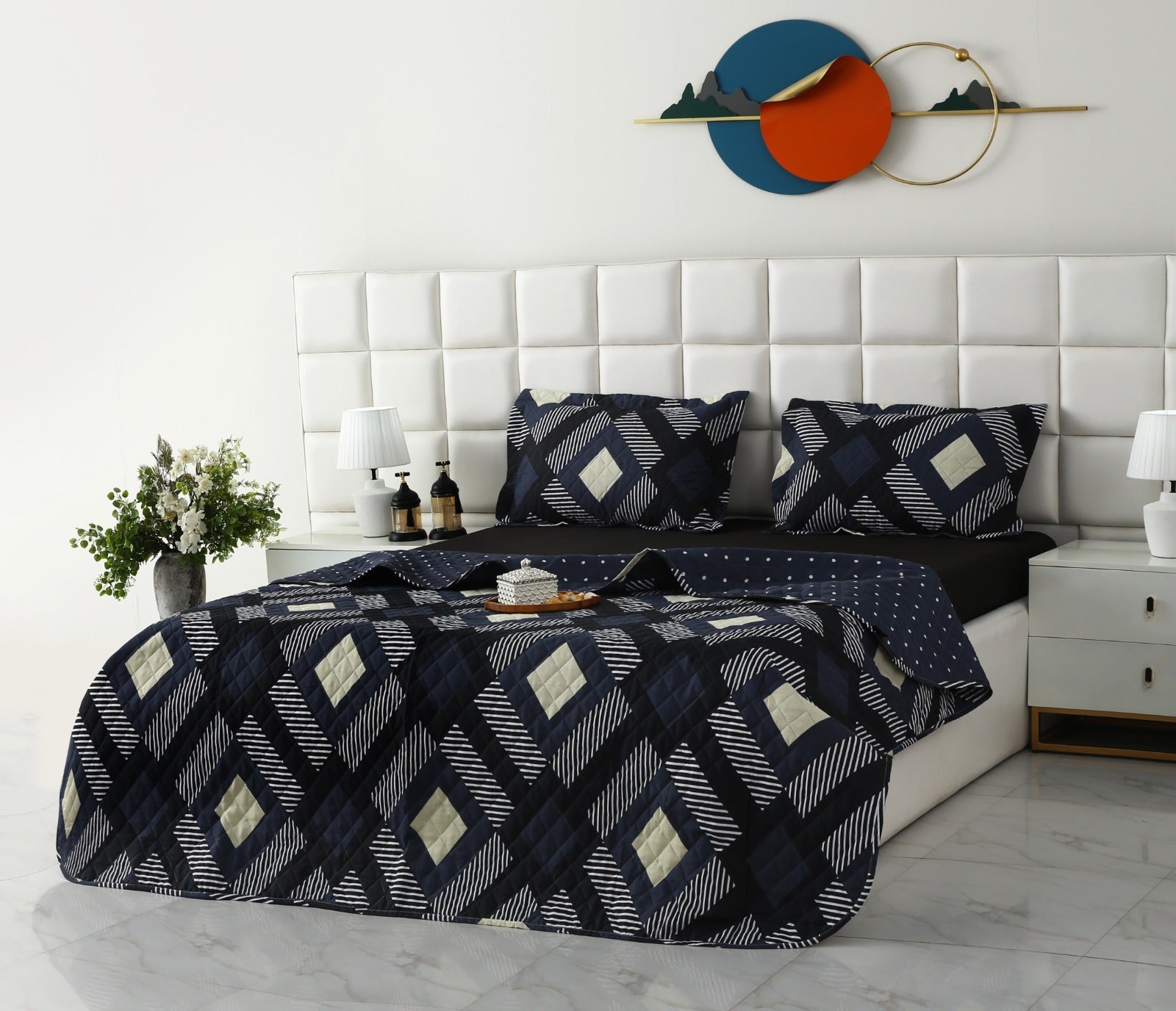 3 PCs Quilted Bed Spread Set- Black Art Bed Spread Apricot