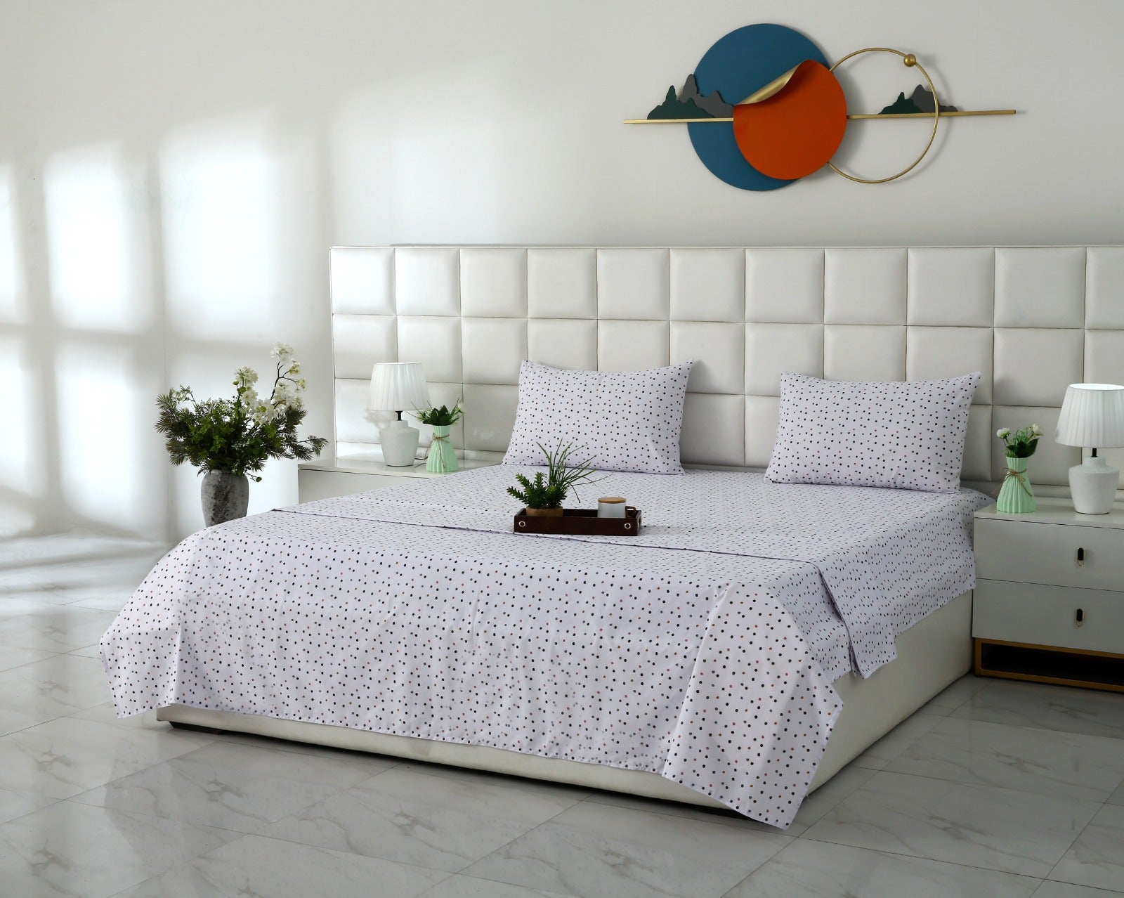 3 PCs Double Bed Sheet With Same Packing- Multi Polka Bed Sheets Apricot