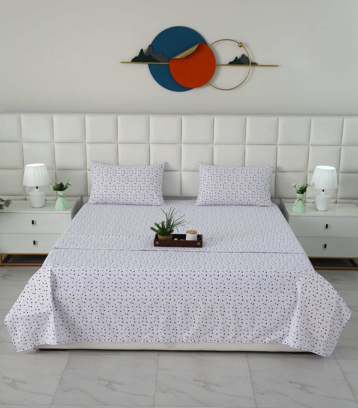 3 PCs Double Bed Sheet With Same Packing- Multi Polka Bed Sheets Apricot