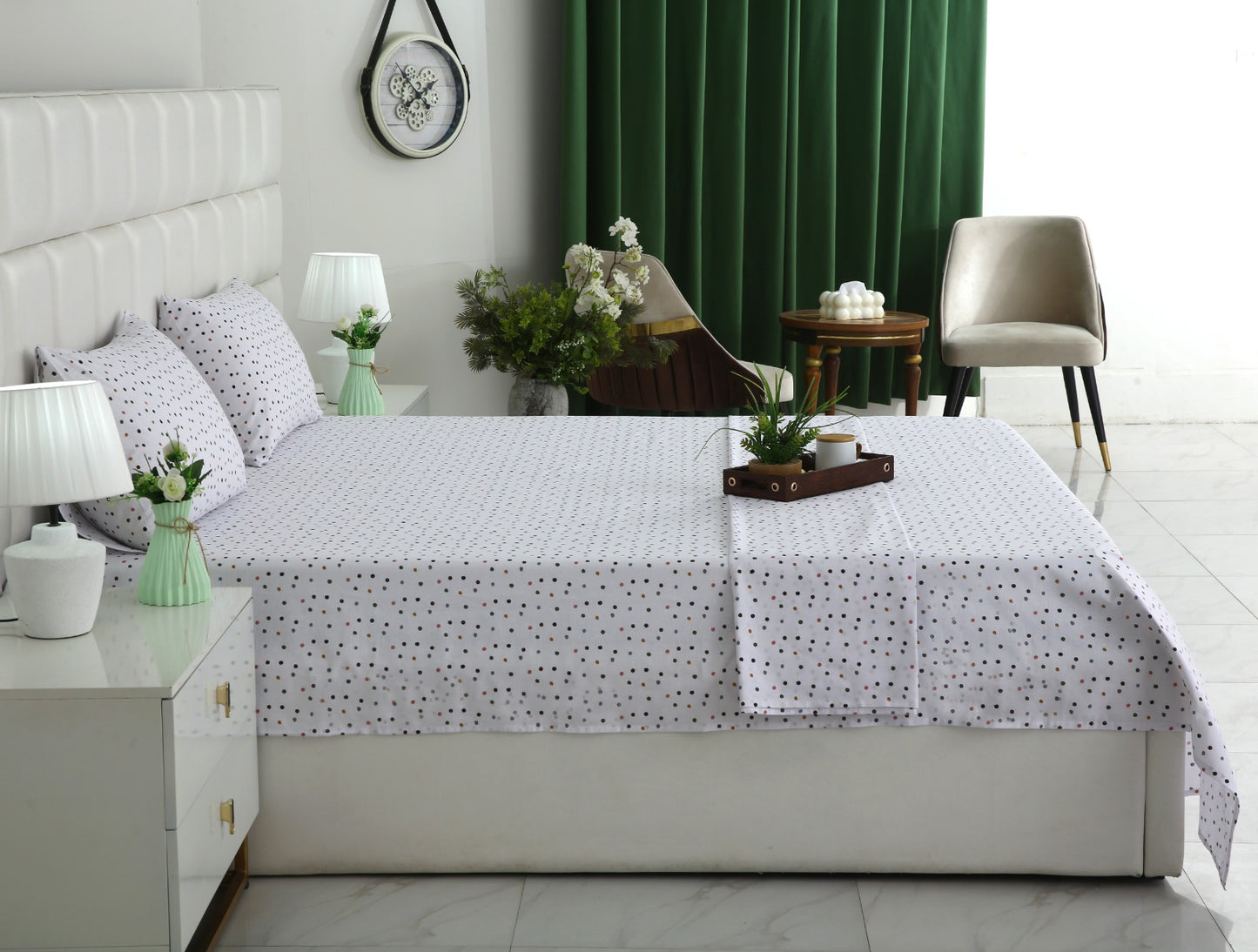 3 PCs Double Bed Sheet With Same Packing- Multi Polka Bed Sheets Apricot