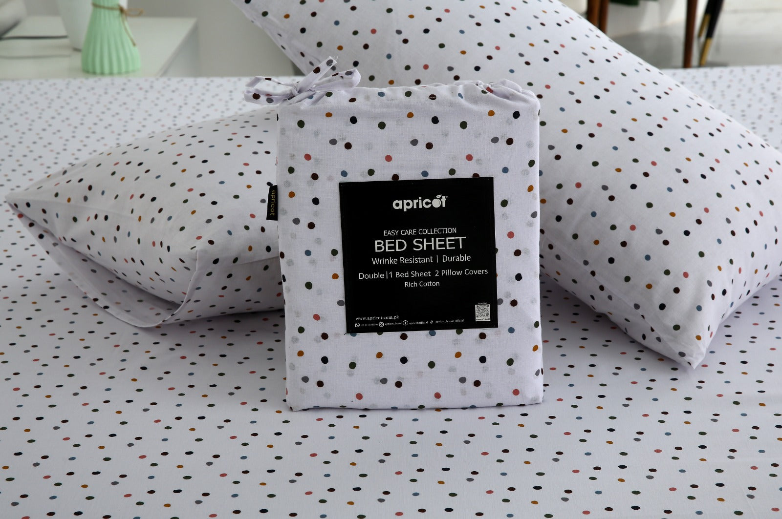 3 PCs Double Bed Sheet With Same Packing- Multi Polka Bed Sheets Apricot