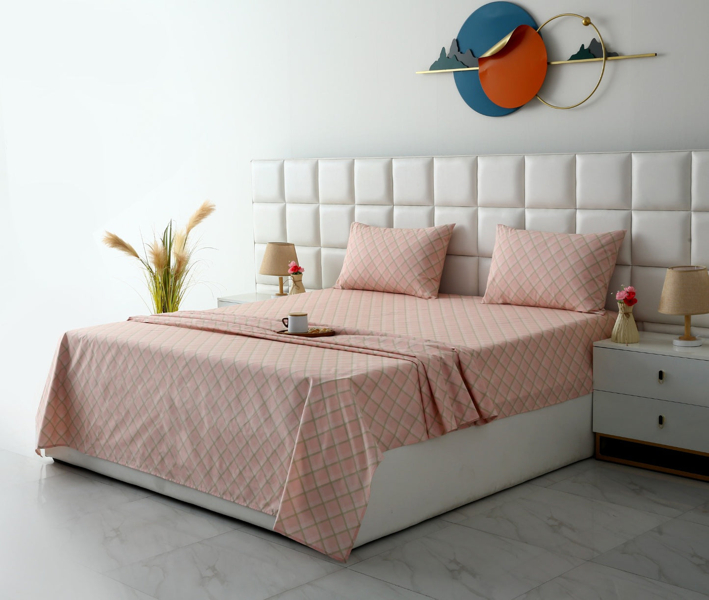 3 PCs Double Bed Sheet With Same Packing- Peach Check Bed Sheets Apricot