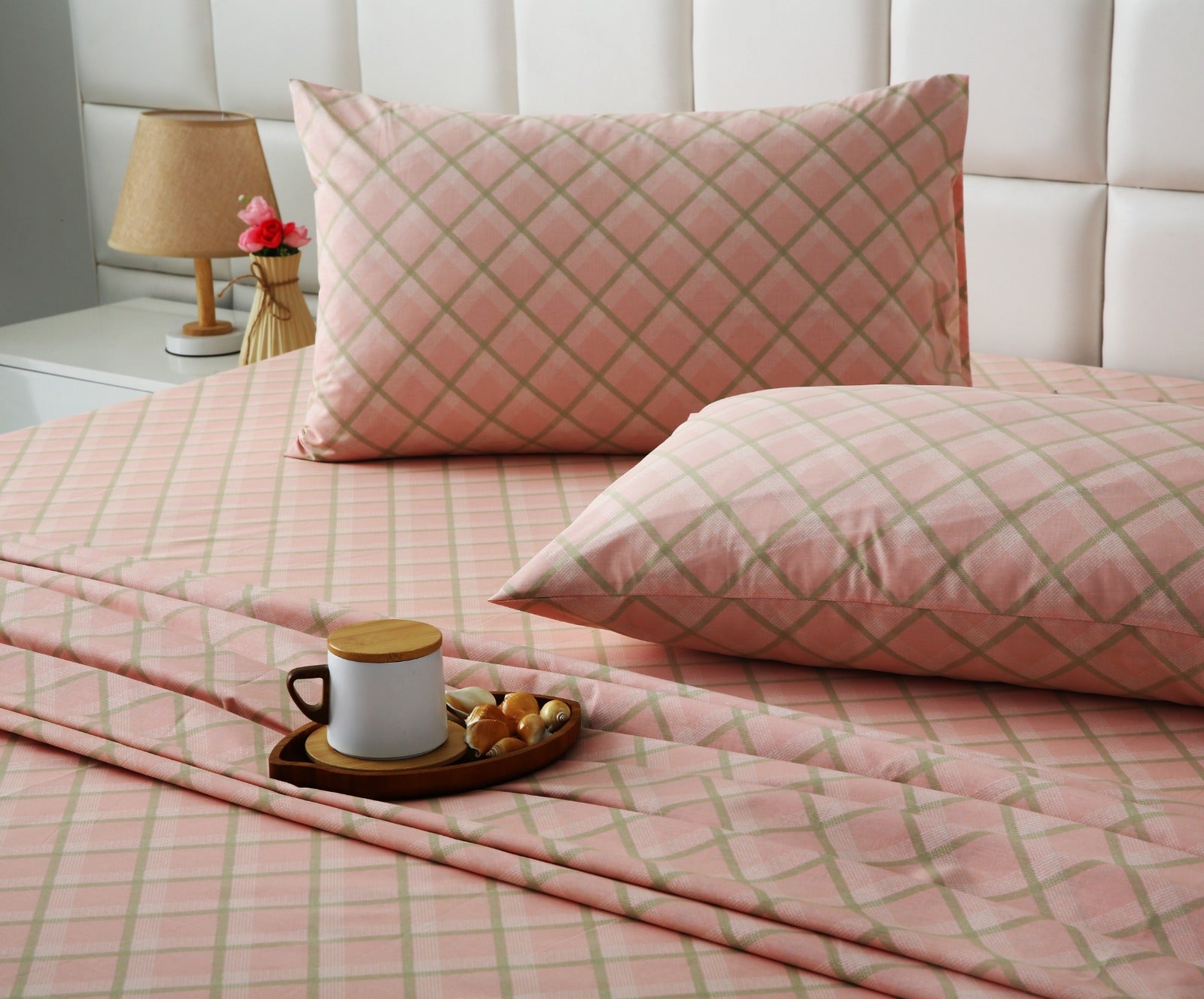 3 PCs Double Bed Sheet With Same Packing- Peach Check Bed Sheets Apricot