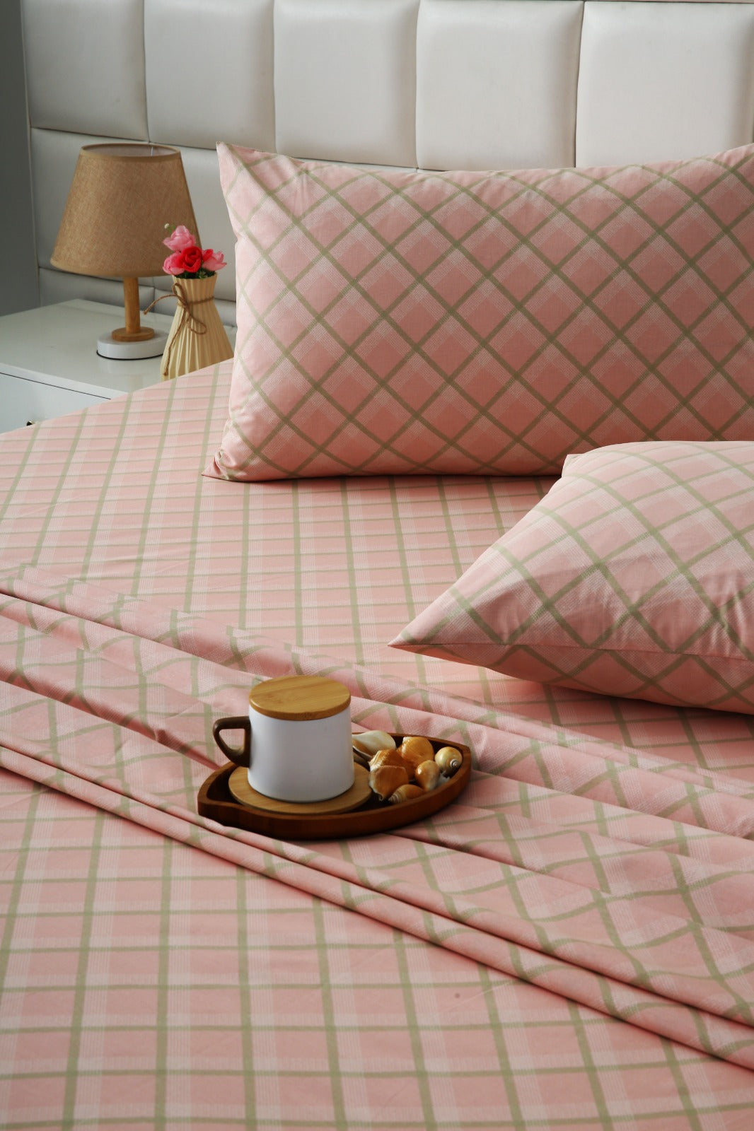 3 PCs Double Bed Sheet With Same Packing- Peach Check Bed Sheets Apricot