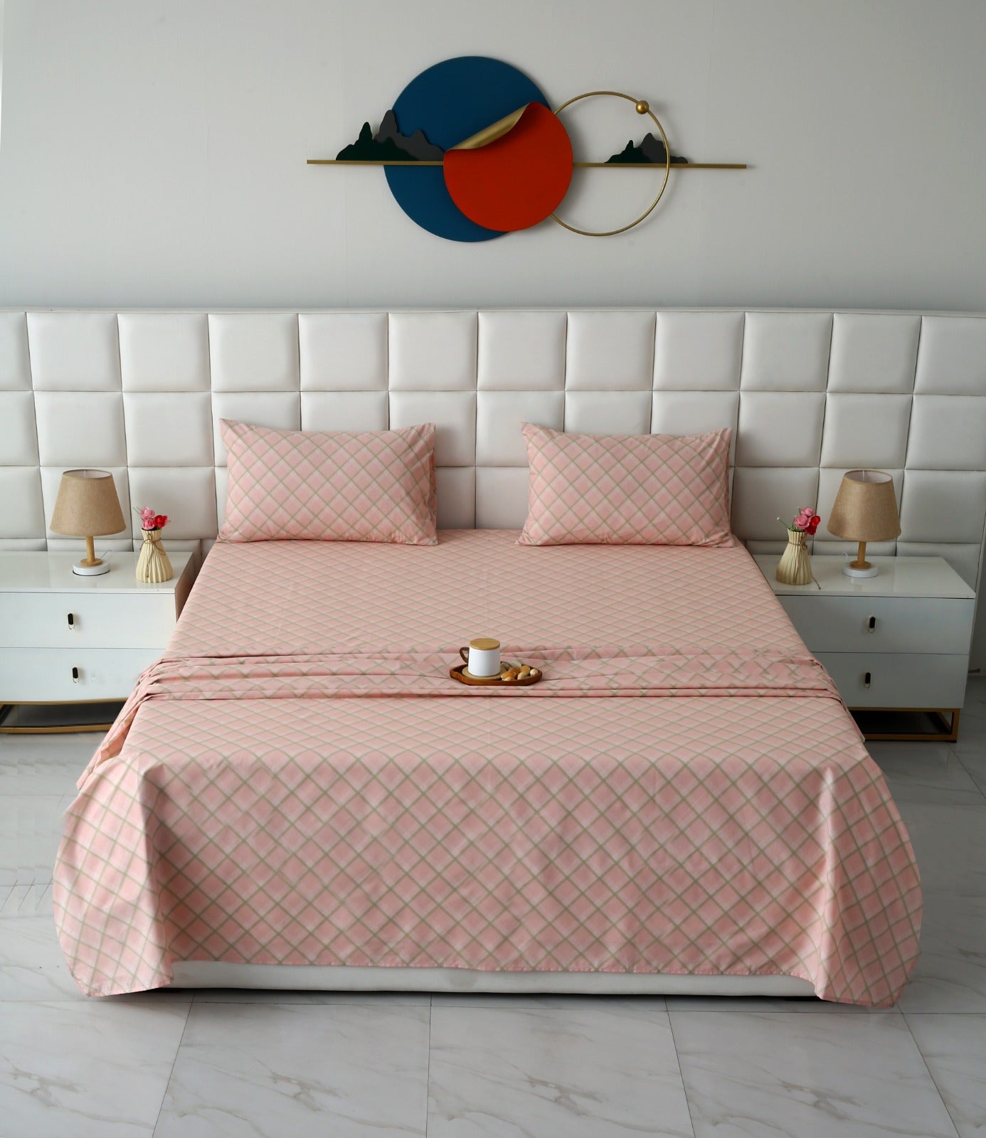 3 PCs Double Bed Sheet With Same Packing- Peach Check Bed Sheets Apricot