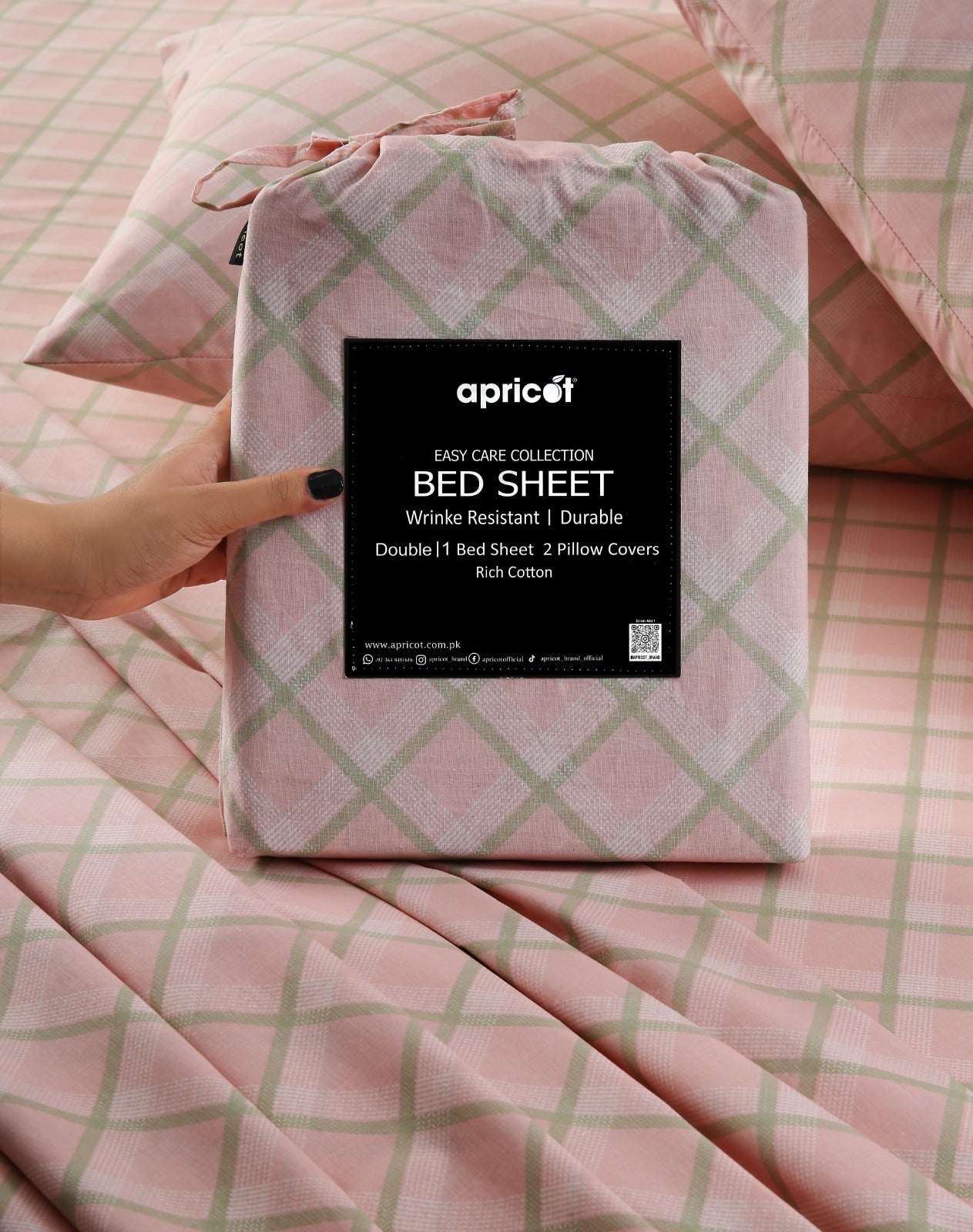 3 PCs Double Bed Sheet With Same Packing- Peach Check Bed Sheets Apricot