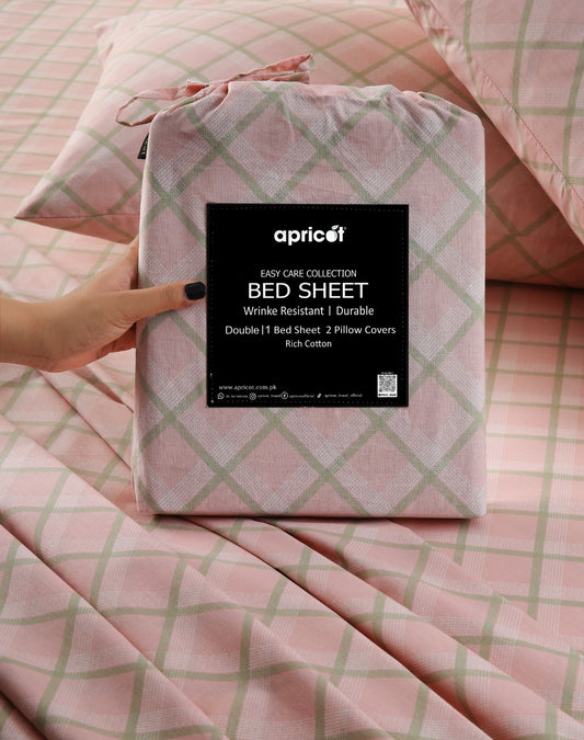 3 PCs Double Bed Sheet With Same Packing- Peach Check Bed Sheets Apricot