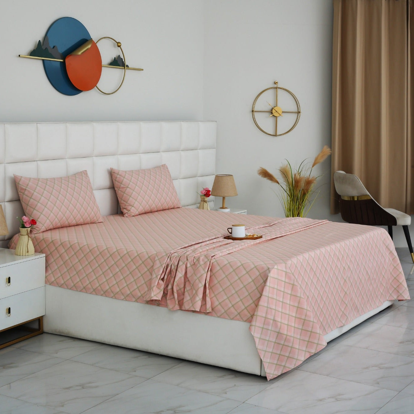 3 PCs Double Bed Sheet With Same Packing- Peach Check Bed Sheets Apricot