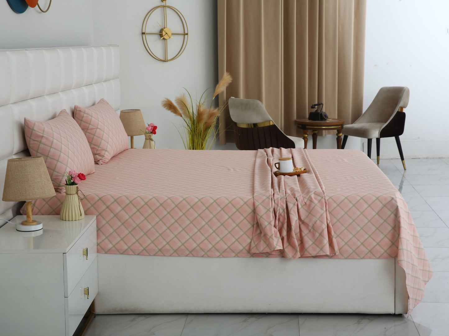 3 PCs Double Bed Sheet With Same Packing- Peach Check Bed Sheets Apricot