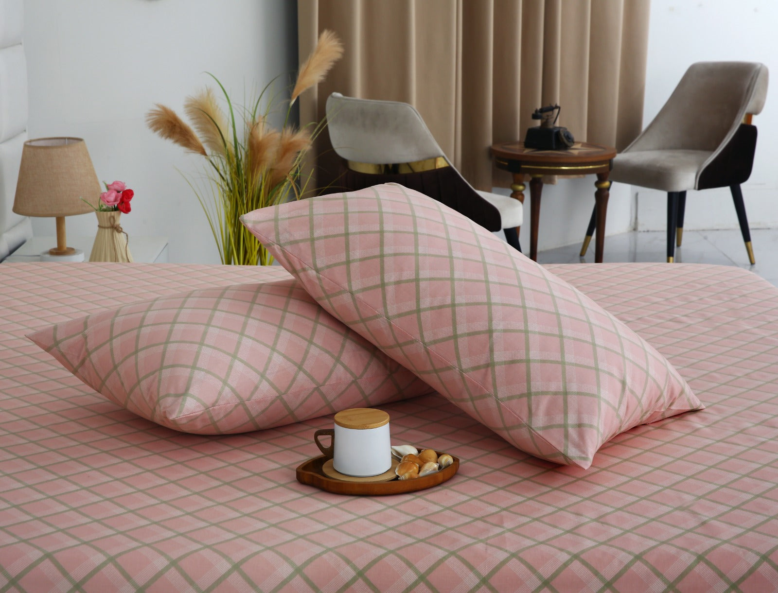 3 PCs Double Bed Sheet With Same Packing- Peach Check Bed Sheets Apricot