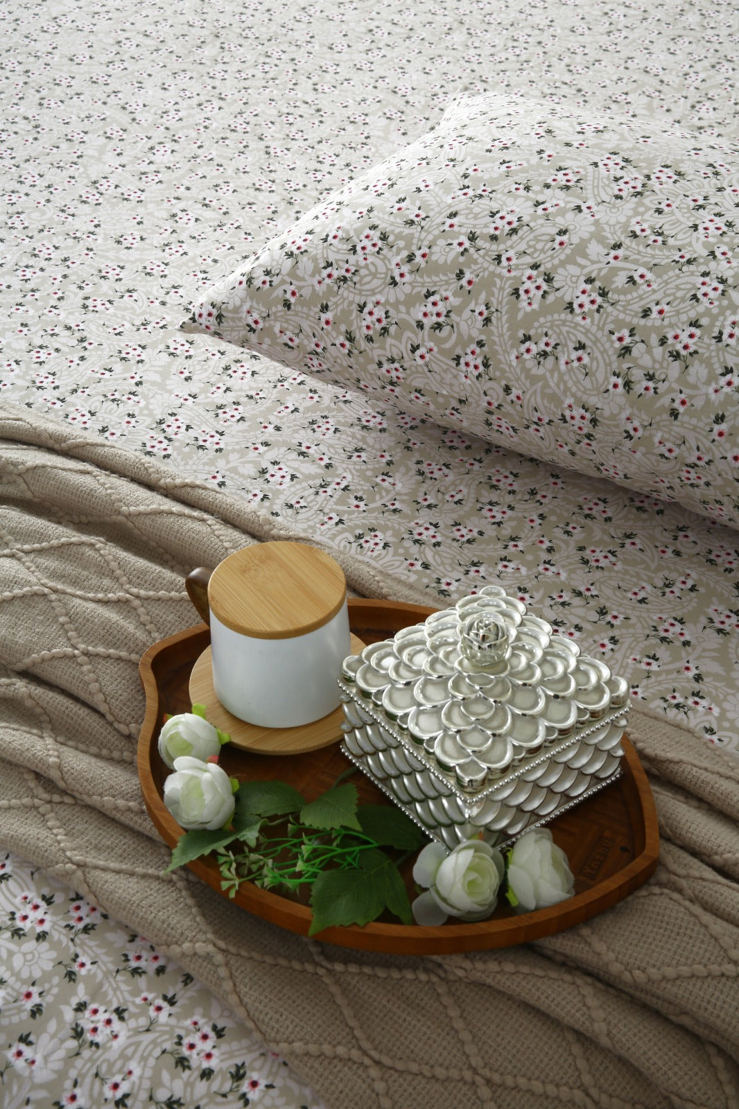 3 PCs Double Bed Sheet With Same Packing- Green Tiny Bed Sheets Apricot