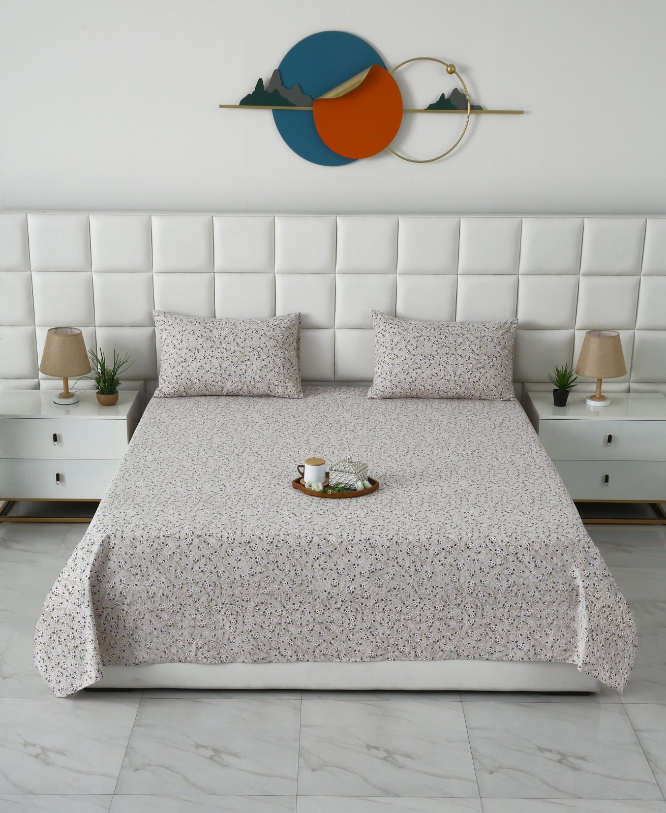 3 PCs Double Bed Sheet With Same Packing- Green Tiny Bed Sheets Apricot