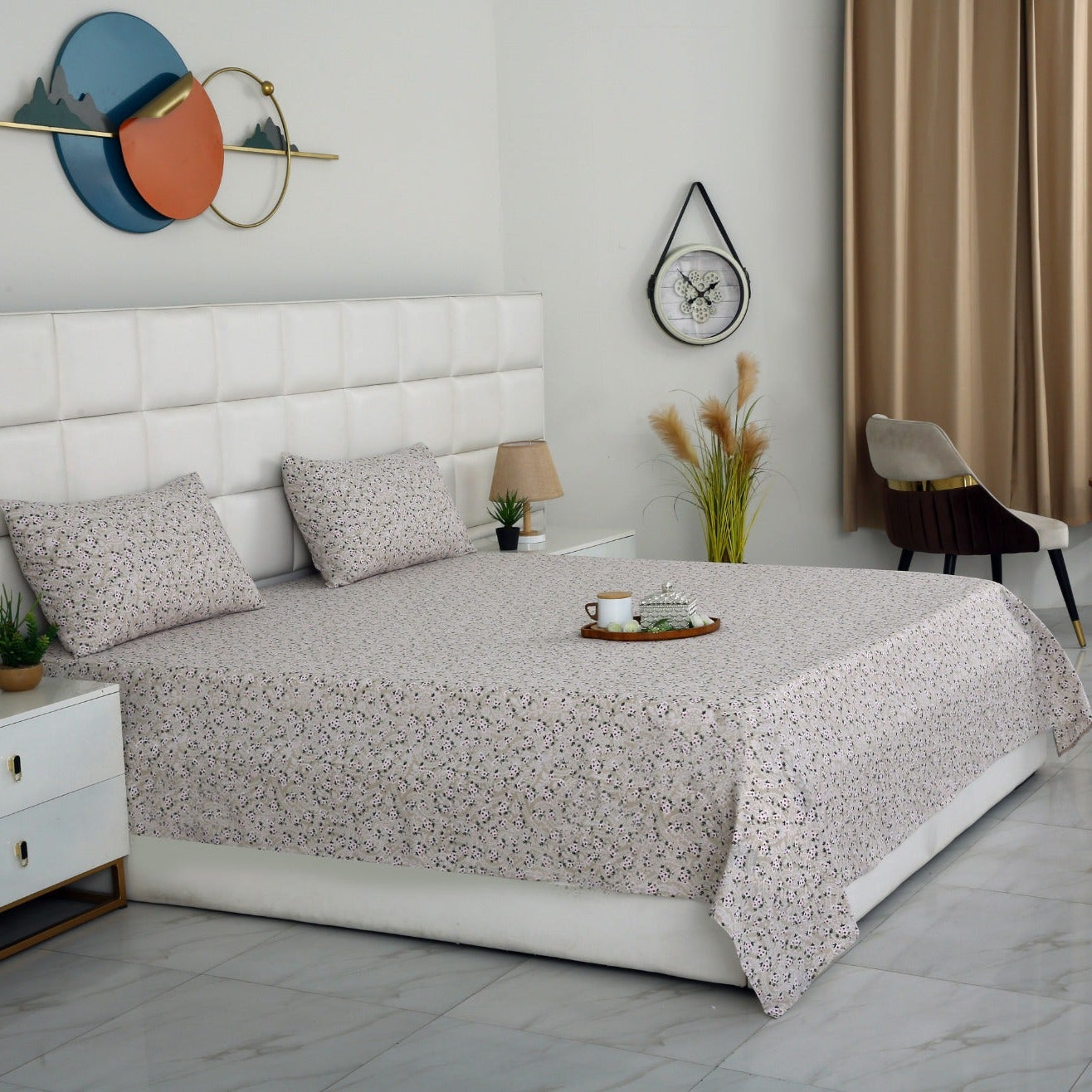 3 PCs Double Bed Sheet With Same Packing- Green Tiny Bed Sheets Apricot