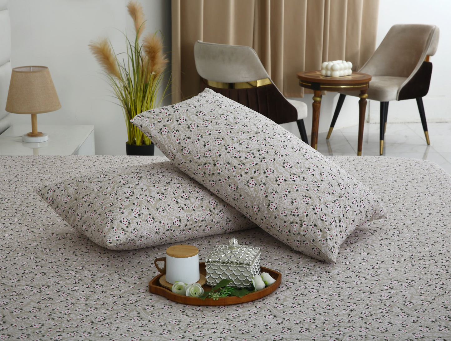 3 PCs Double Bed Sheet With Same Packing- Green Tiny Bed Sheets Apricot