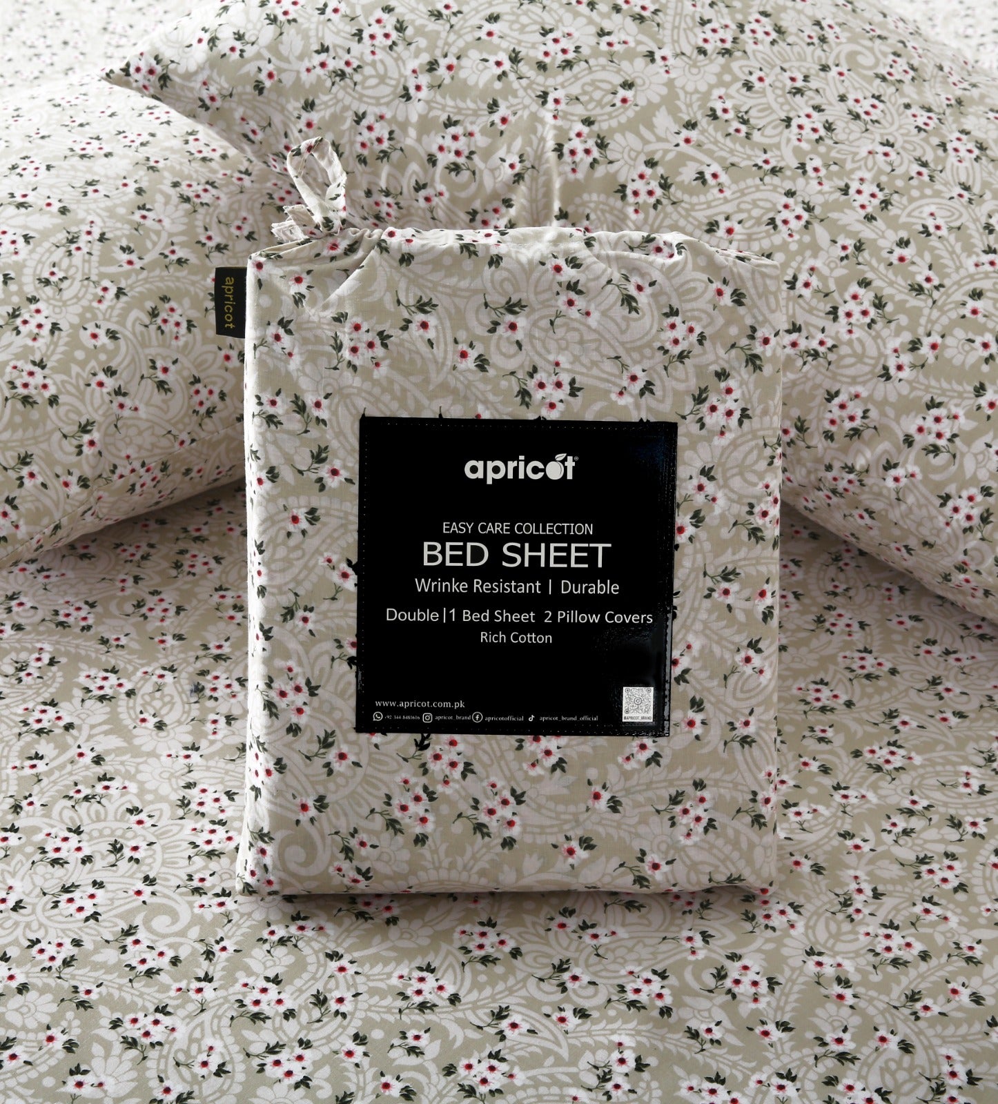 3 PCs Double Bed Sheet With Same Packing- Green Tiny Bed Sheets Apricot