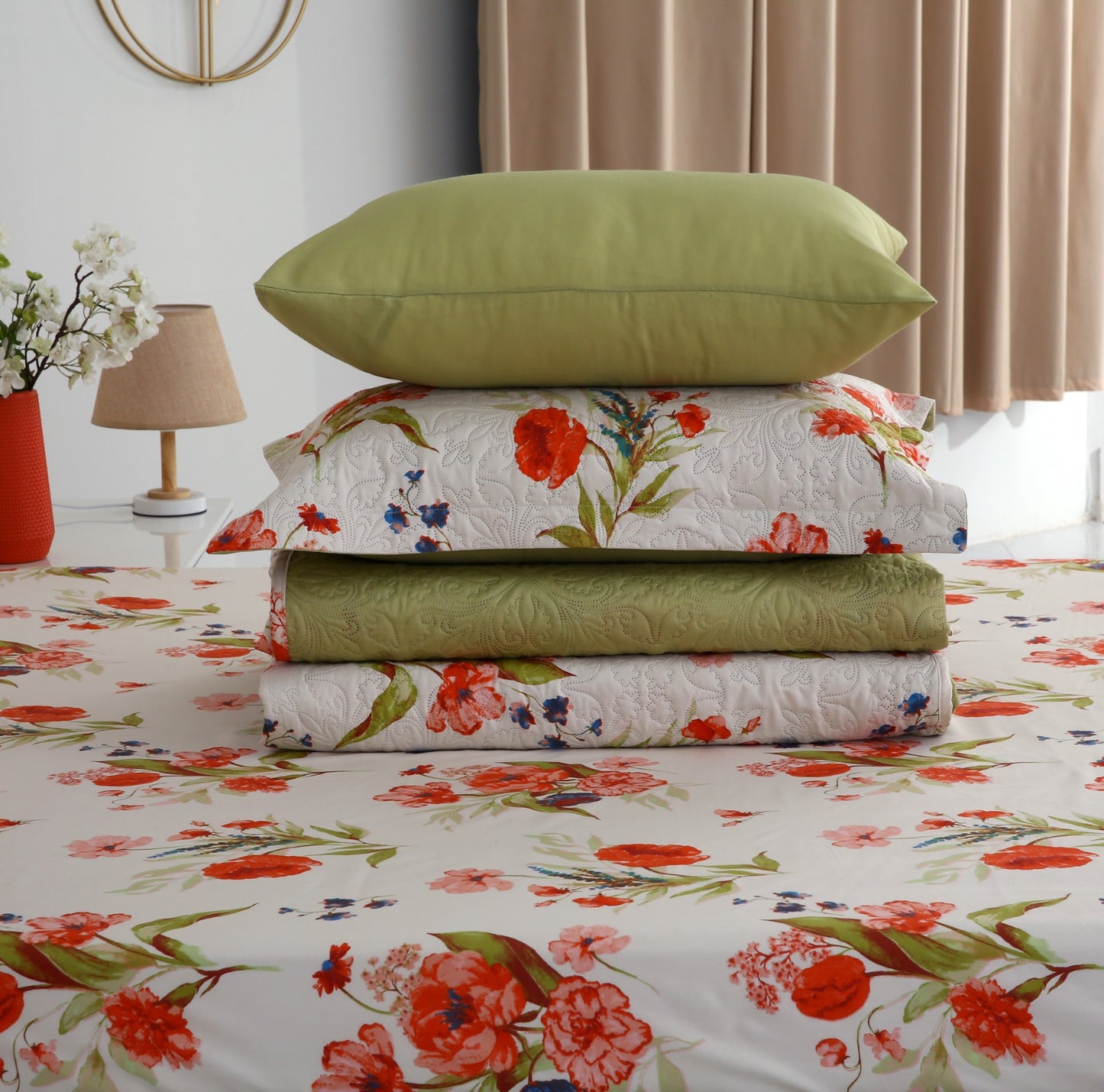 6 PCs Bed Spread Set- Cosmic Bloom Bed Spread Apricot