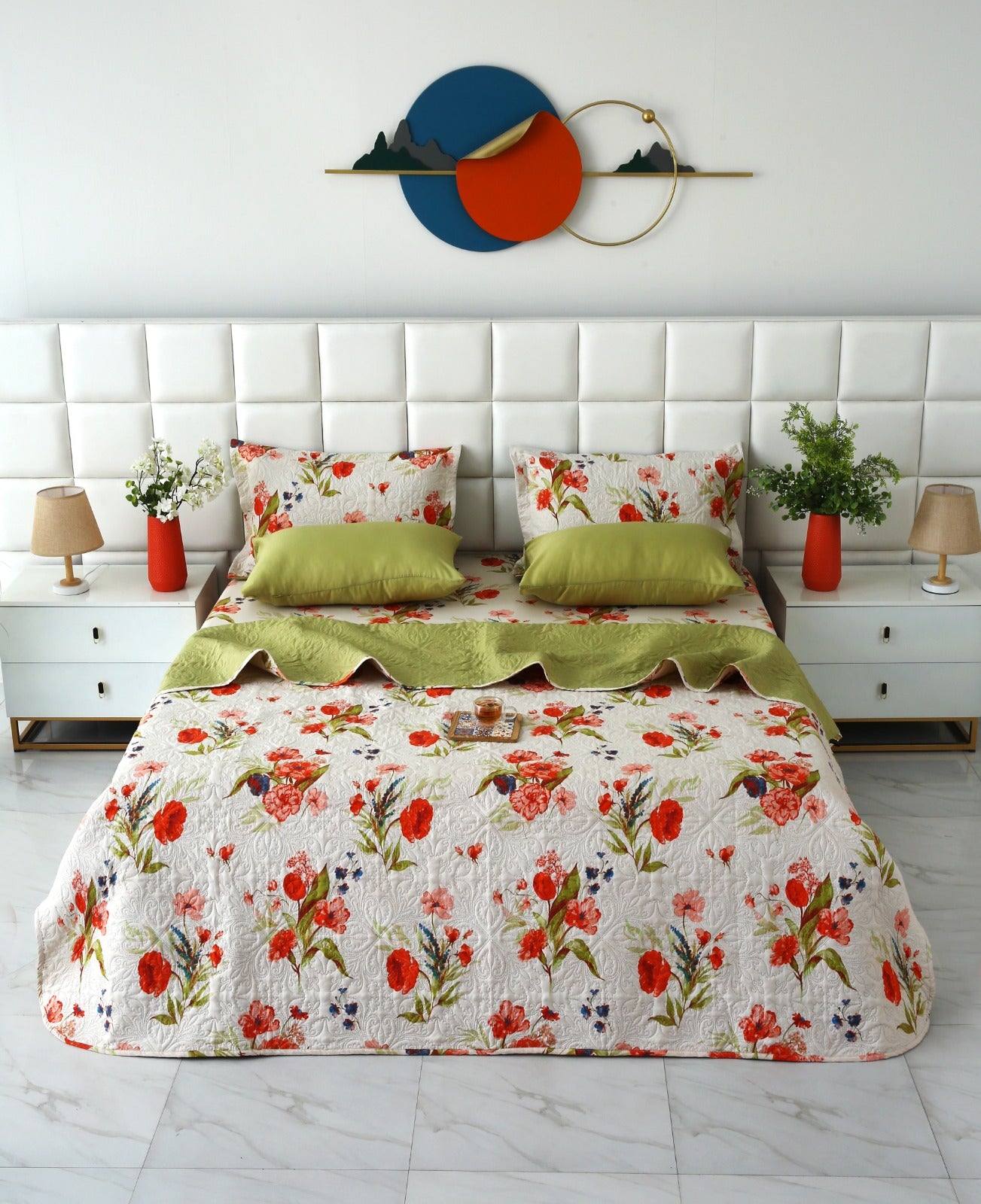 6 PCs Bed Spread Set- Cosmic Bloom Bed Spread Apricot