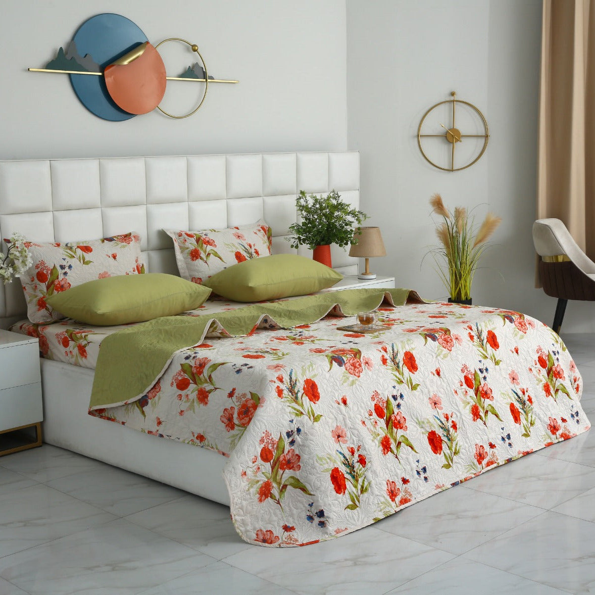 6 PCs Bed Spread Set- Cosmic Bloom Bed Spread Apricot