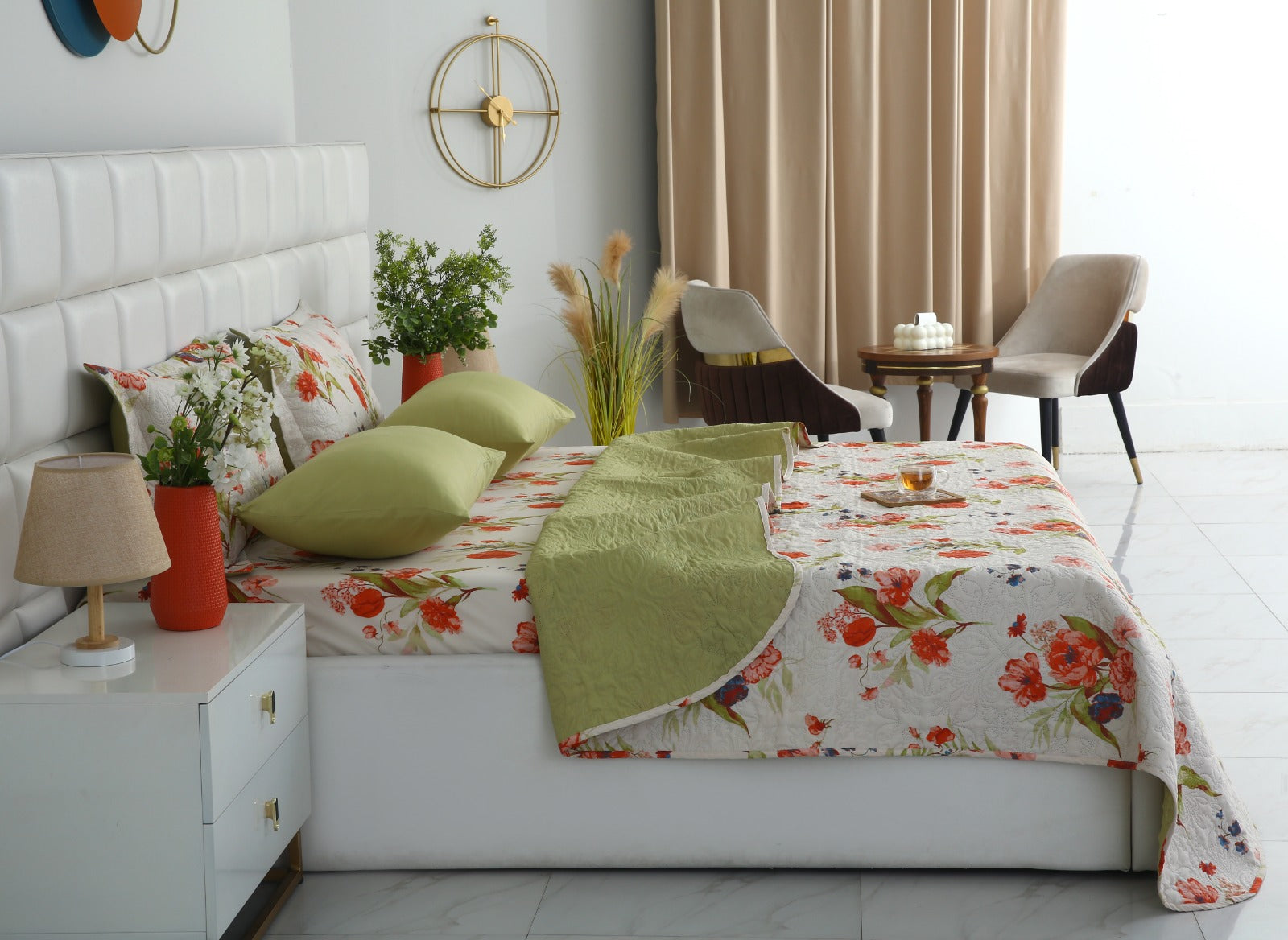 6 PCs Bed Spread Set- Cosmic Bloom Bed Spread Apricot