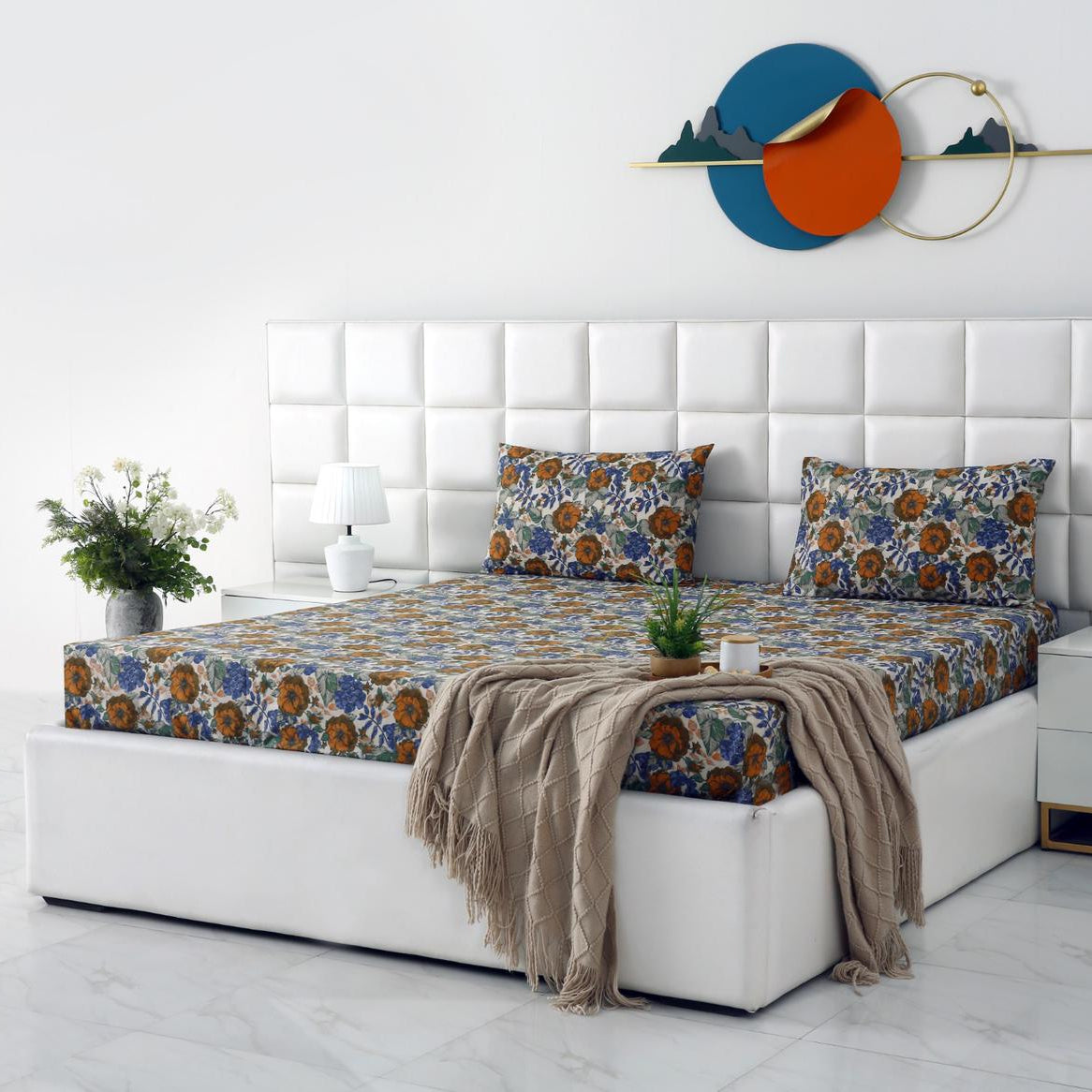 Percale Cotton Fitted Bed Sheet- Amber Azure