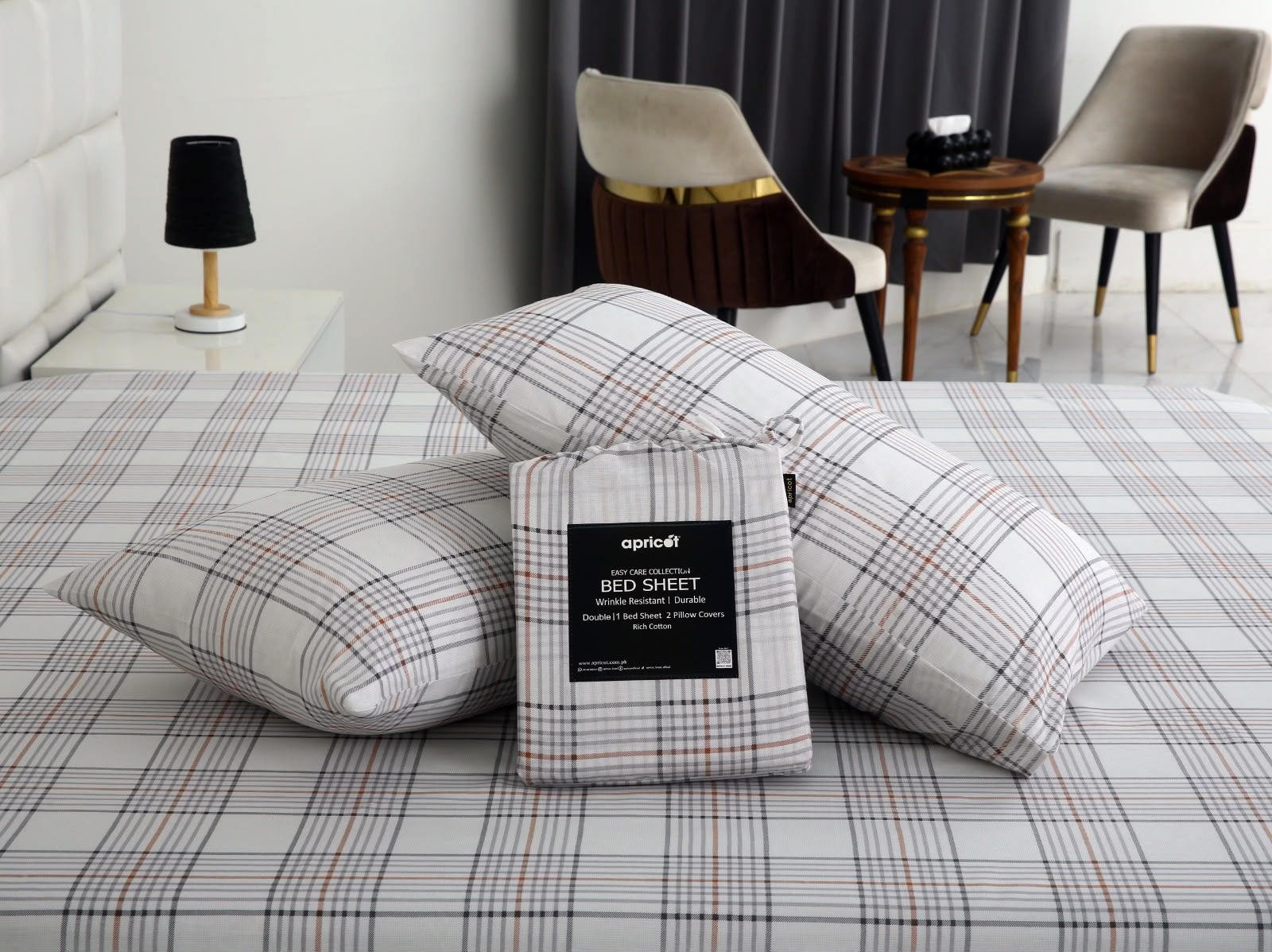 3 PCs Double Bed Sheet With Same Packing- Check BED SHEET Apricot