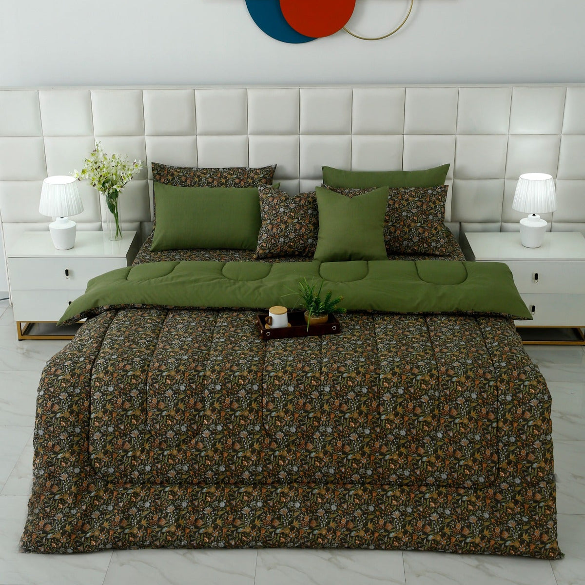 8 PCs Premium Winter Razai Set- Olive Grove