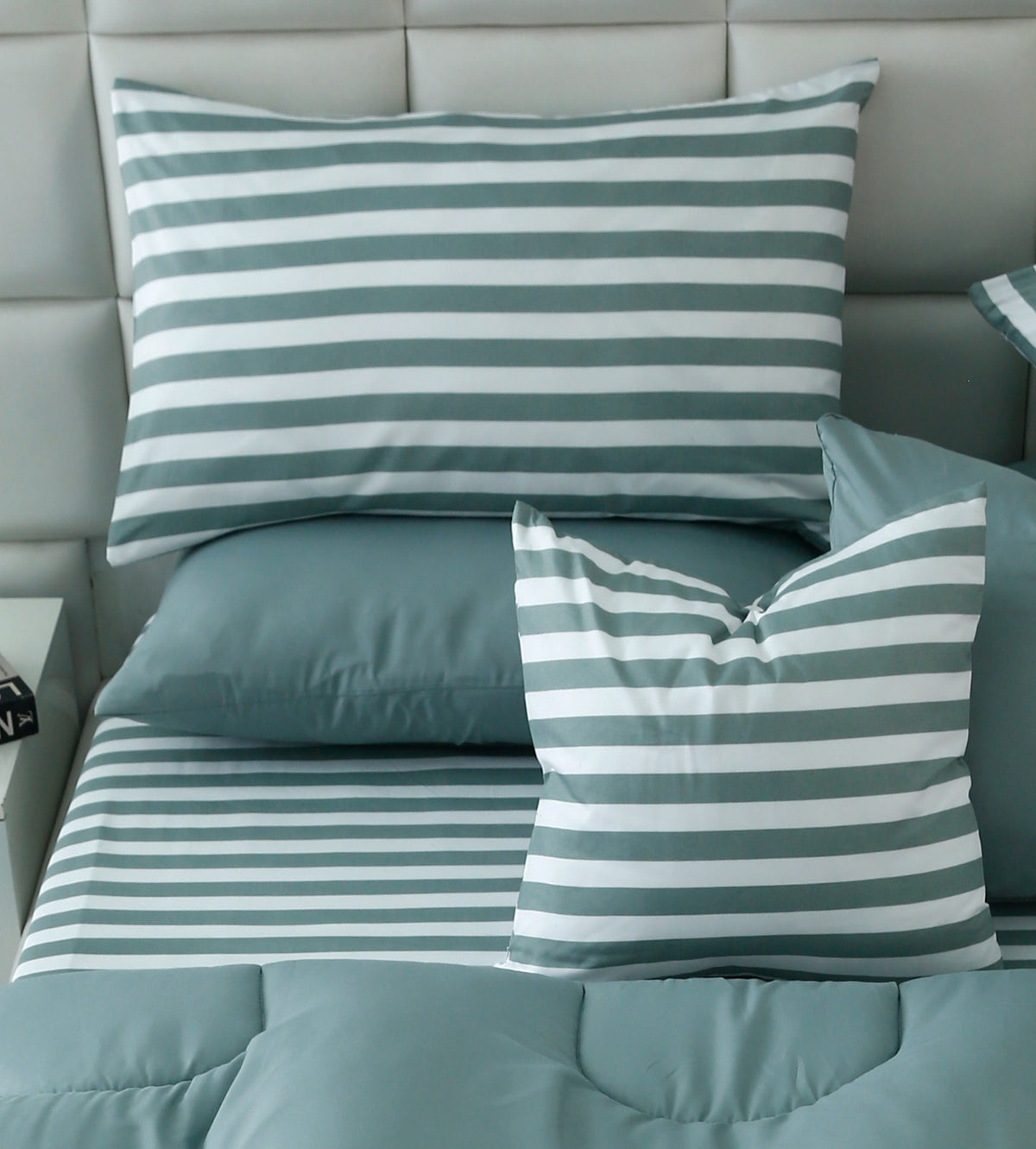 8 PCs Winter Razai Set- Grey Stripes Comforters Apricot