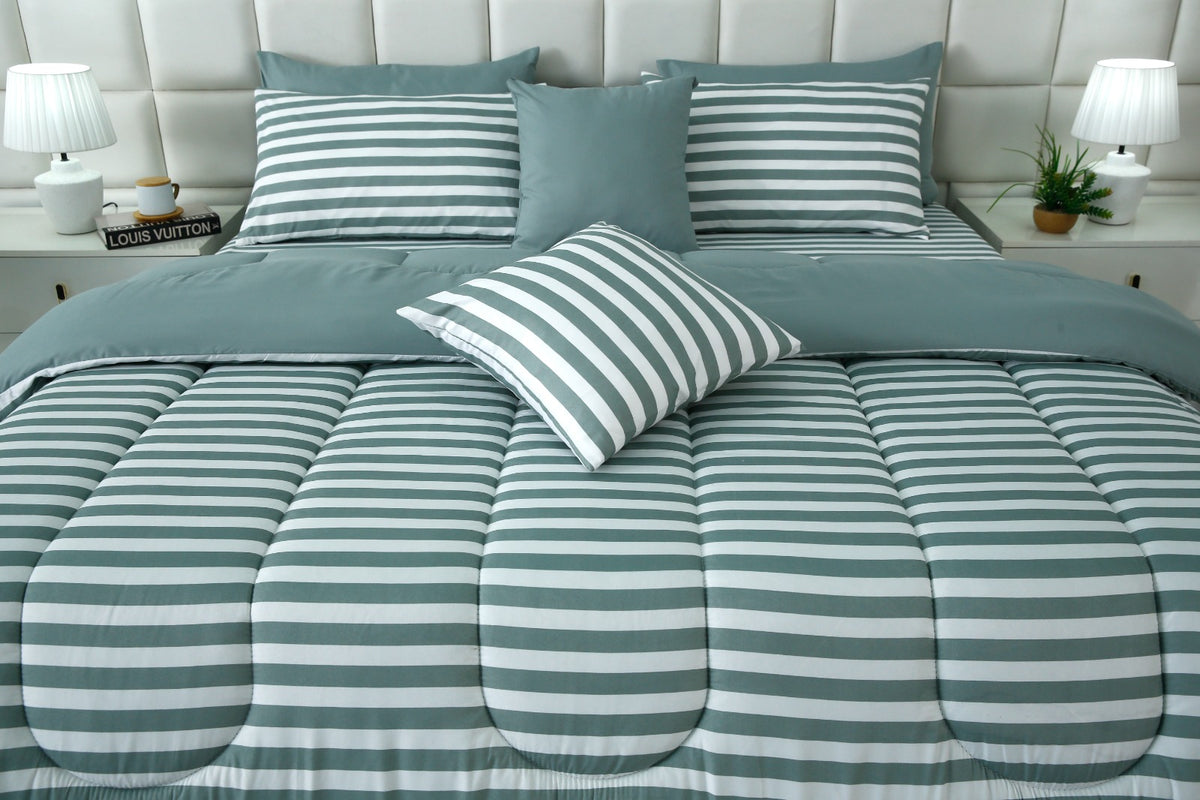 8 PCs Winter Razai Set- Grey Stripes Comforters Apricot