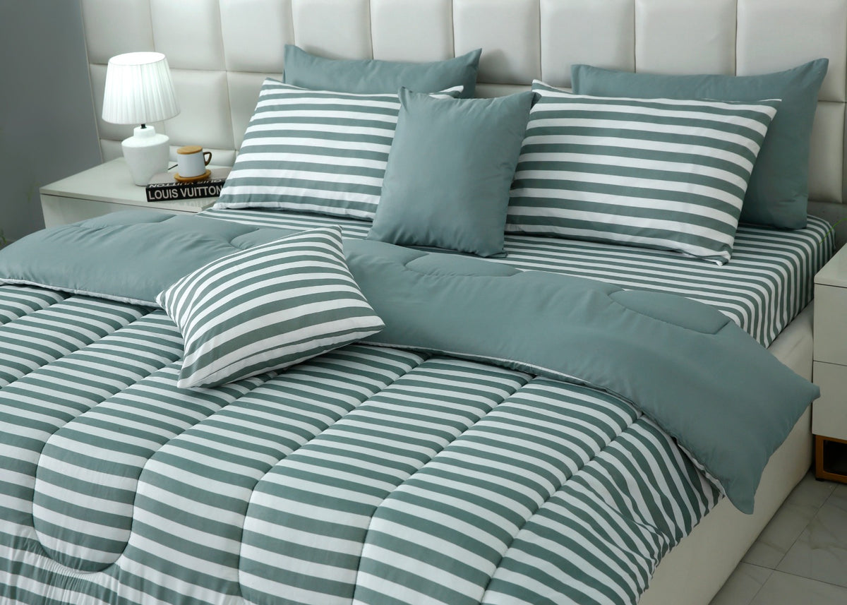 8 PCs Winter Razai Set- Grey Stripes Comforters Apricot