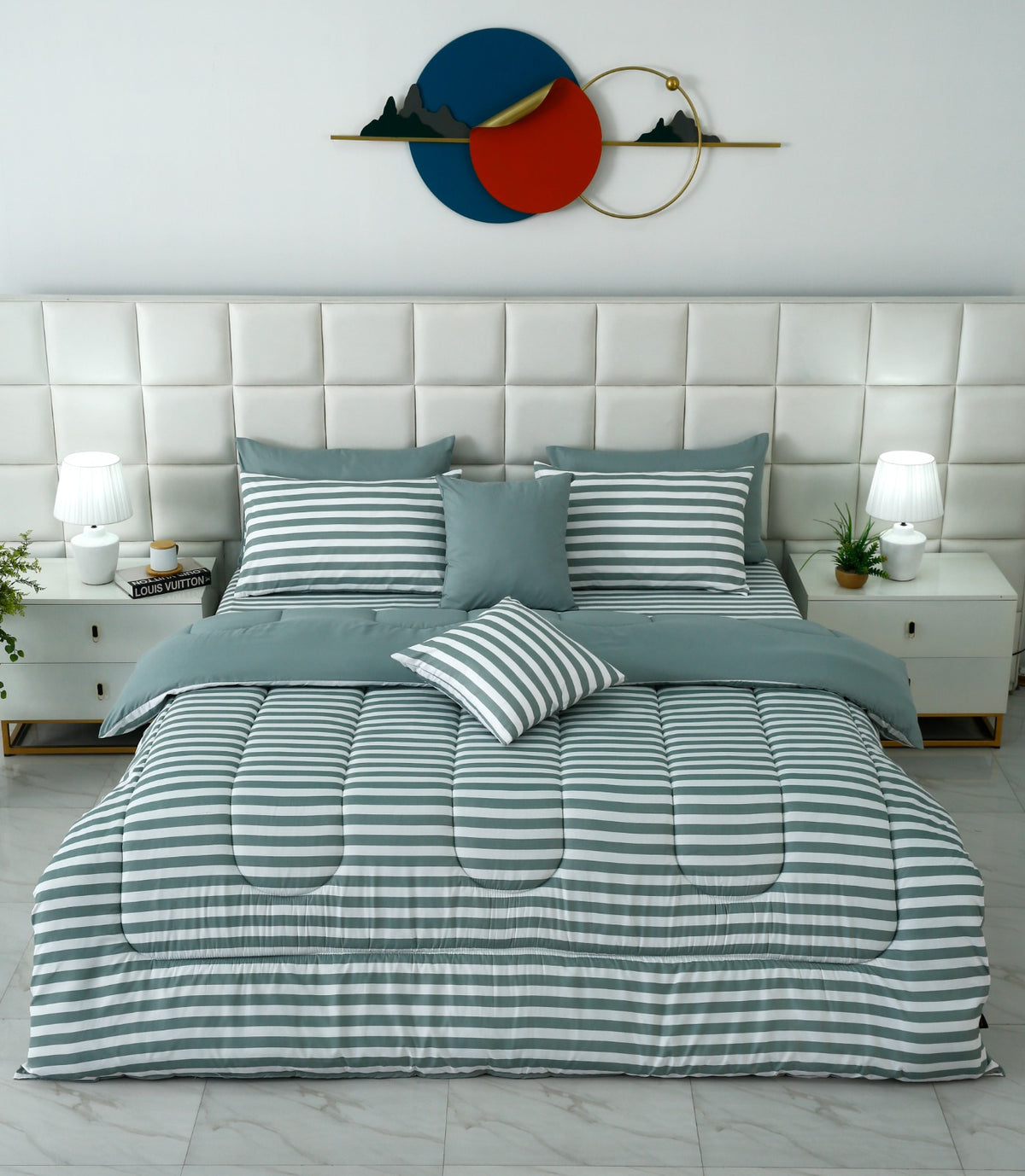 8 PCs Winter Razai Set- Grey Stripes Comforters Apricot