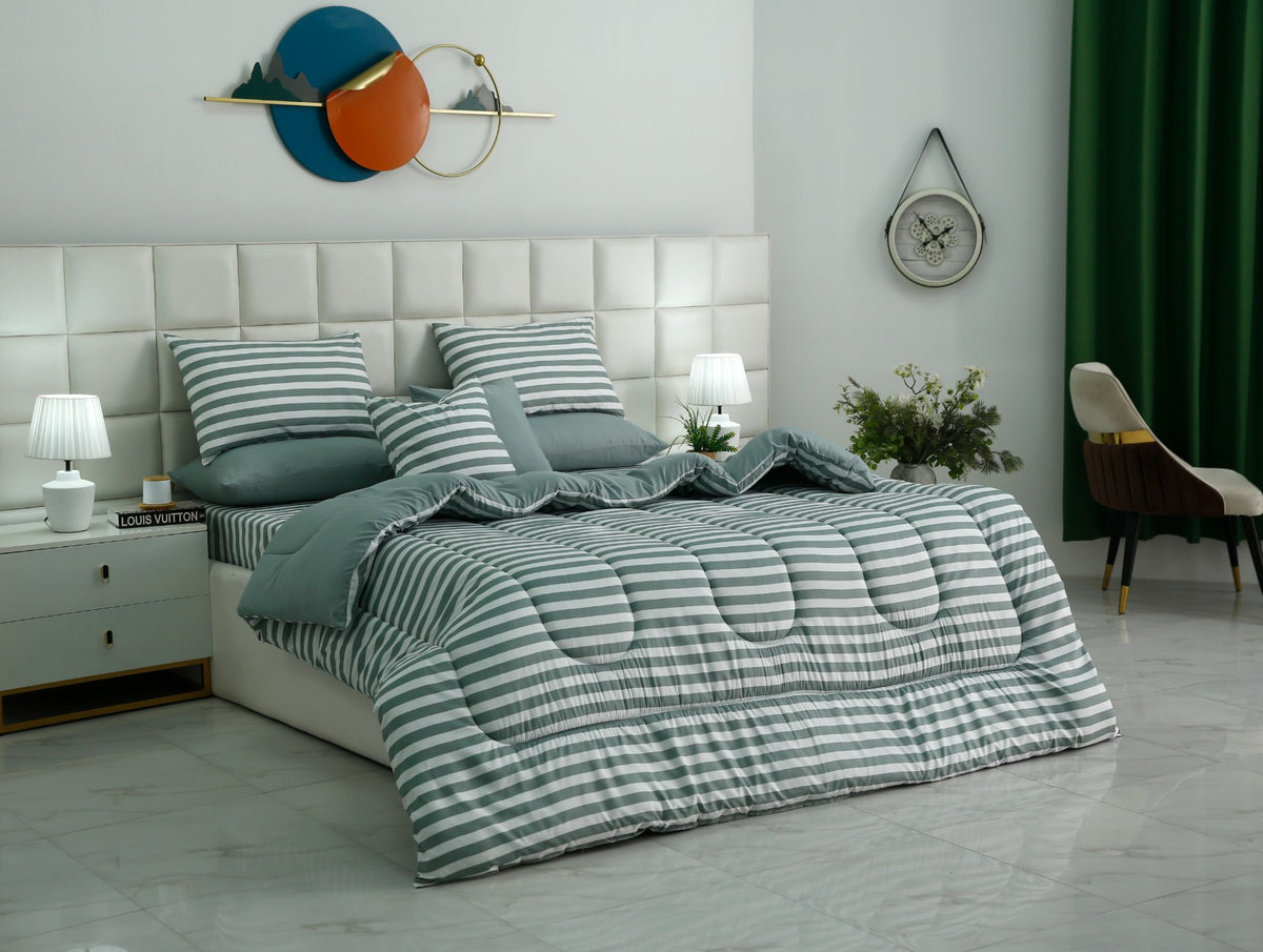 8 PCs Winter Razai Set- Grey Stripes Comforters Apricot
