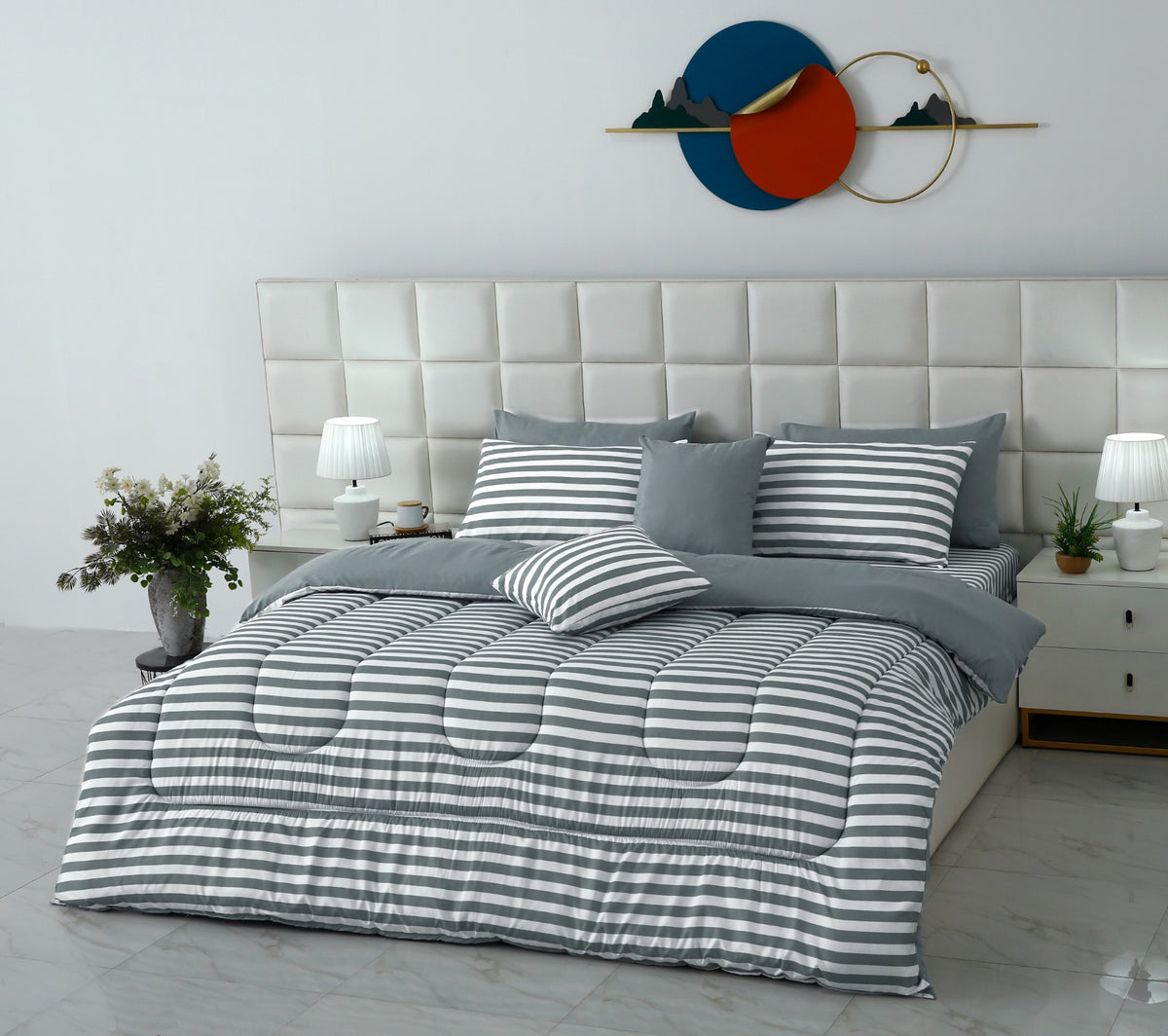 8 PCs Winter Razai Set- Grey Stripes Comforters Apricot