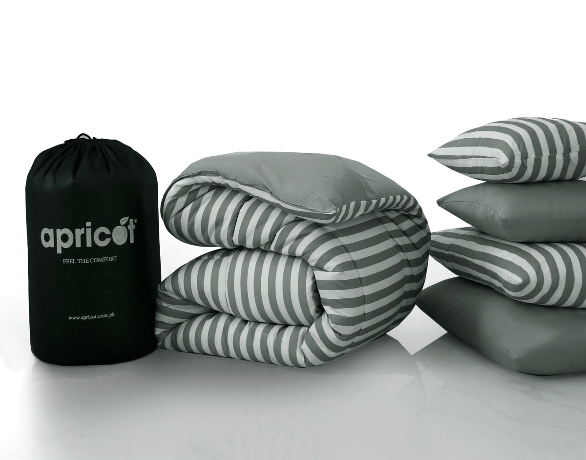 8 PCs Winter Razai Set- Green Stripes Comforters Apricot
