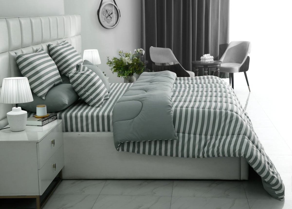 8 PCs Winter Razai Set- Green Stripes Comforters Apricot