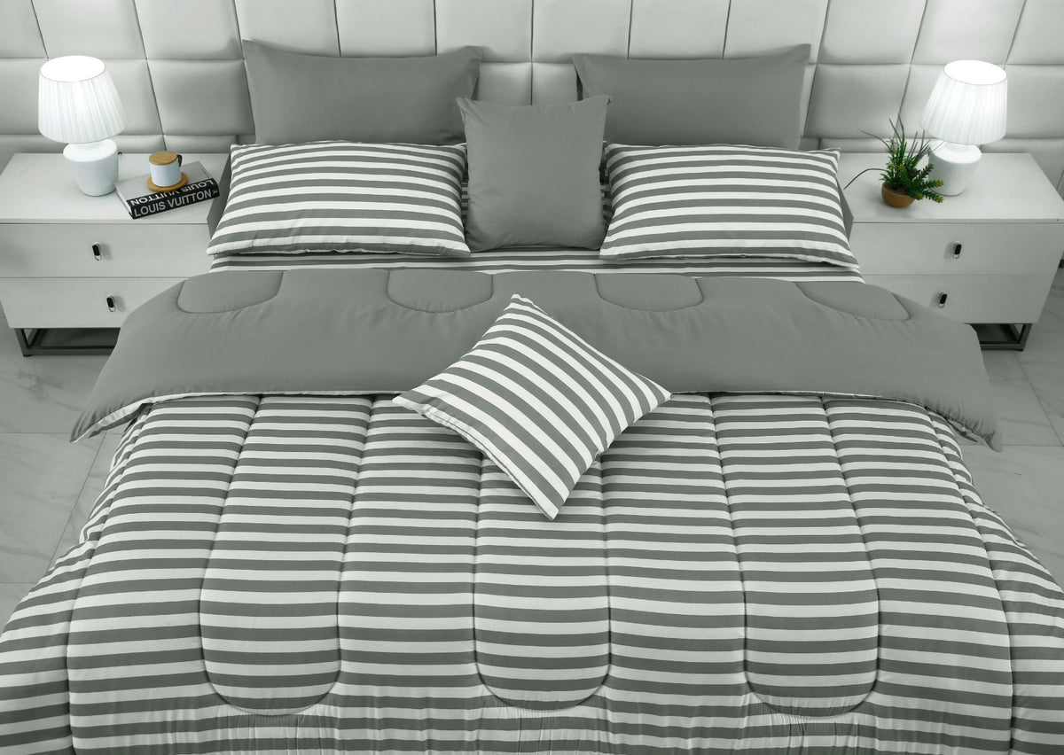 8 PCs Winter Razai Set- Green Stripes Comforters Apricot