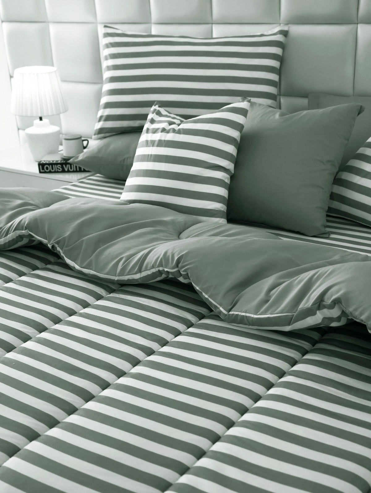 8 PCs Winter Razai Set- Green Stripes Comforters Apricot
