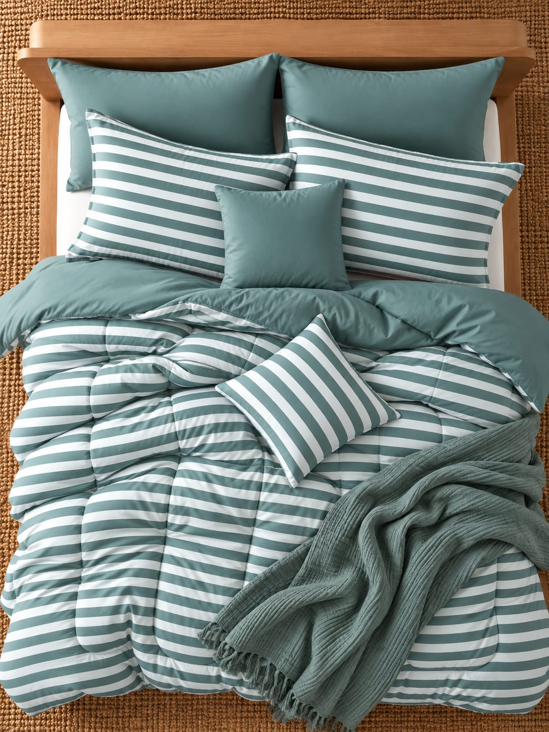 8 PCs Winter Razai Set- Grey Stripes Comforters Apricot