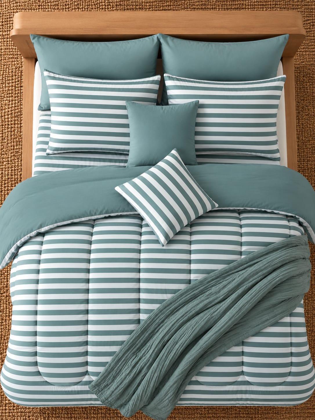 8 PCs Winter Razai Set- Green Stripes Comforters Apricot