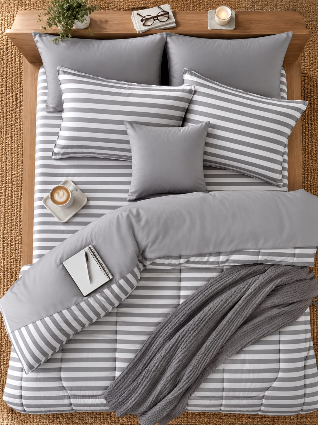 8 PCs Winter Razai Set- Green Stripes Comforters Apricot