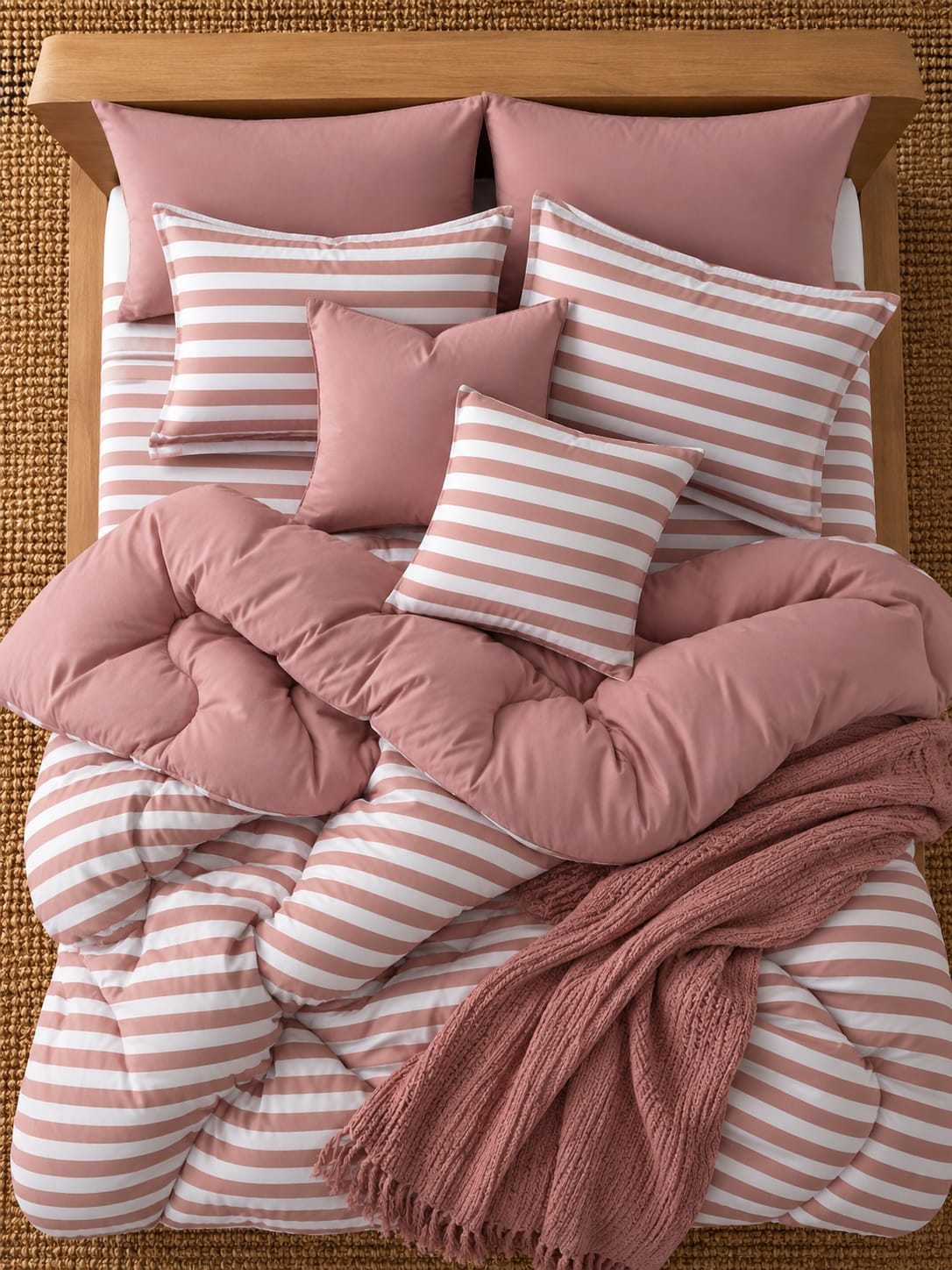 8 PCs Winter Razai Set- Rose Pink Stripes Comforters Apricot