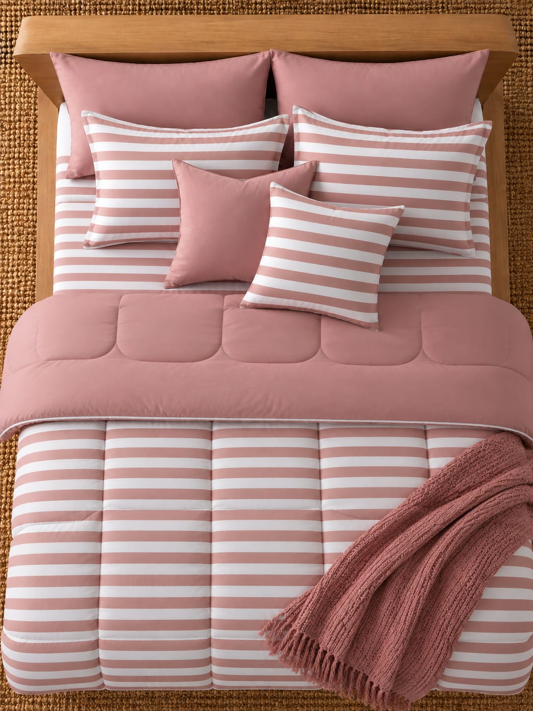 8 PCs Winter Razai Set- Rose Pink Stripes Comforters Apricot